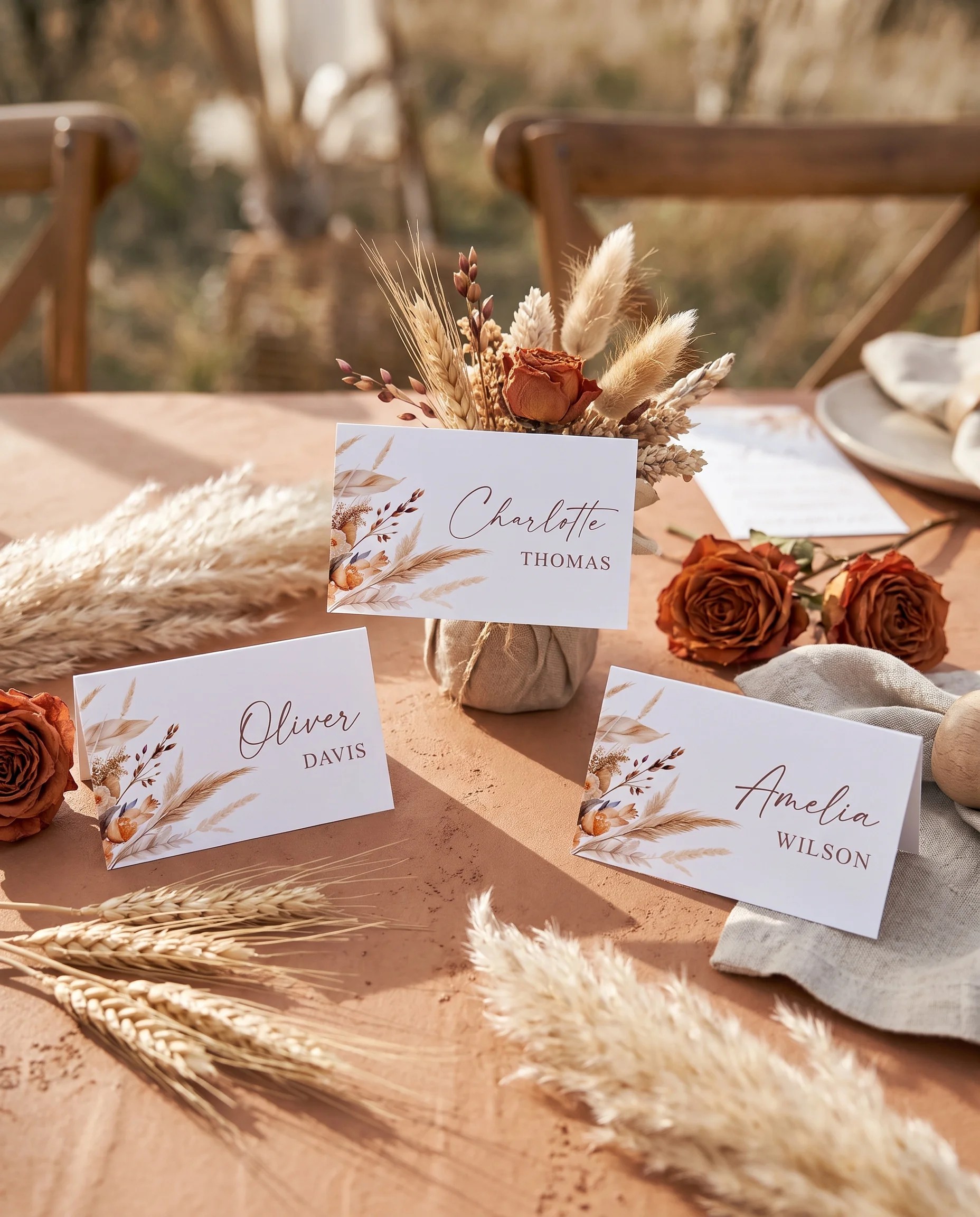 Harvest Script wedding place cards — several place cards arranged on a dressed reception table under soft natural light, place card template