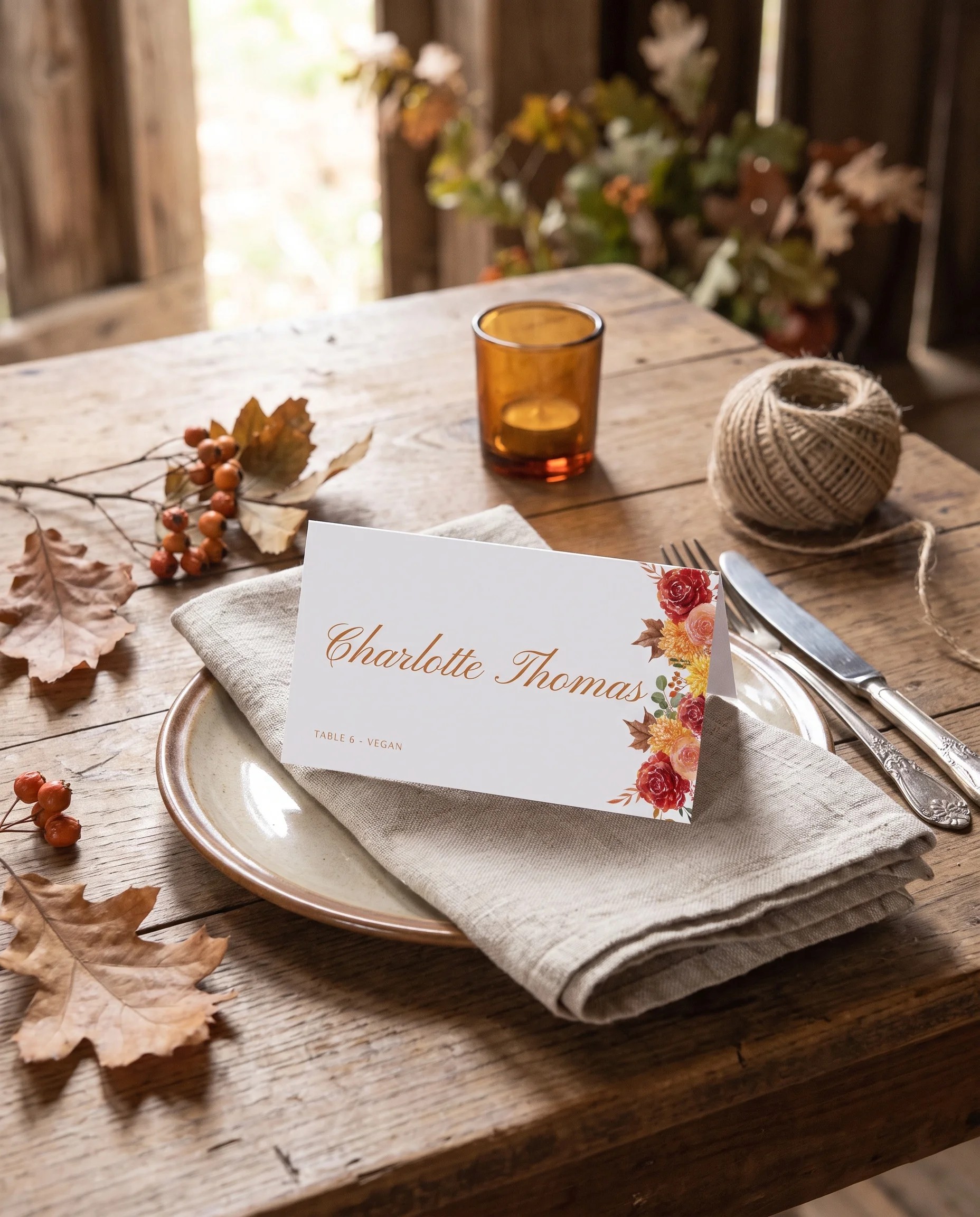 Ember Bloom wedding place cards — a single place card at a set place setting under soft overhead light, wedding name cards.