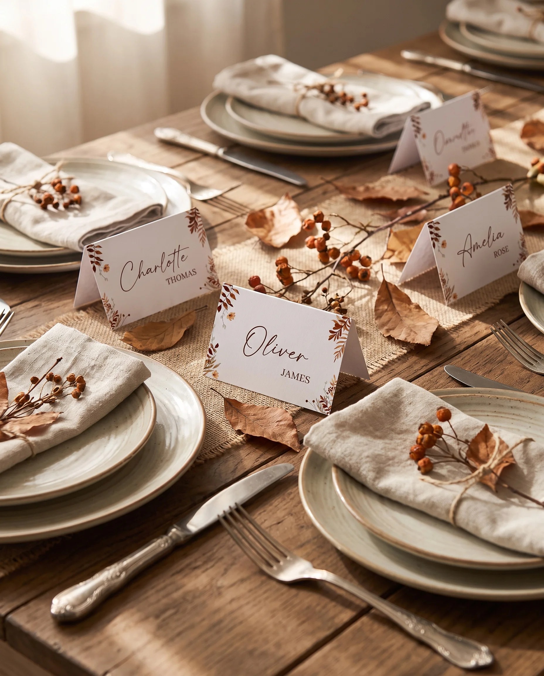 Autumn Bower wedding place cards — arranged on a dressed reception table under soft natural light, place card template.