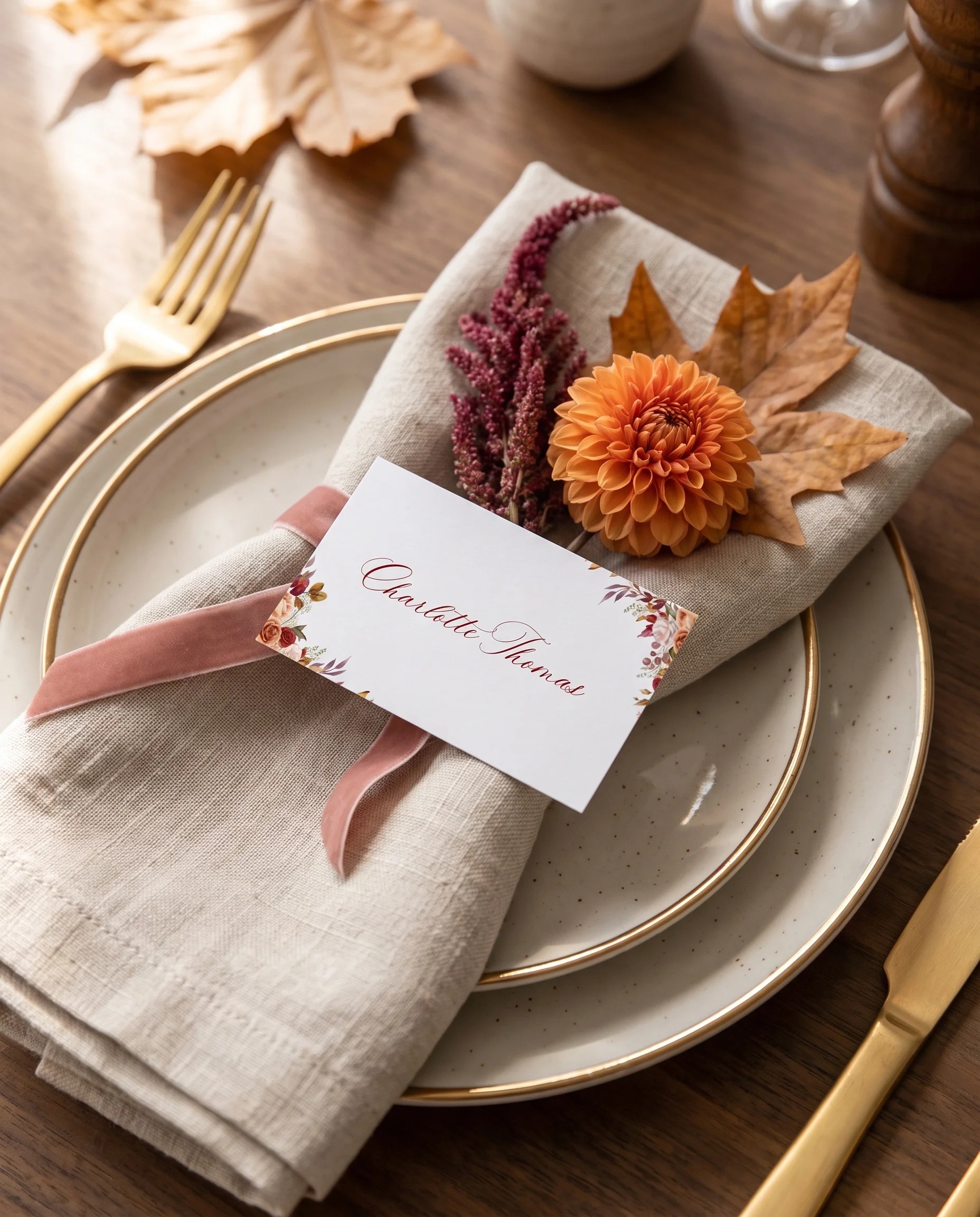 Autumn Blush wedding place cards — a single card displayed at a table setting with soft natural light, wedding name cards.