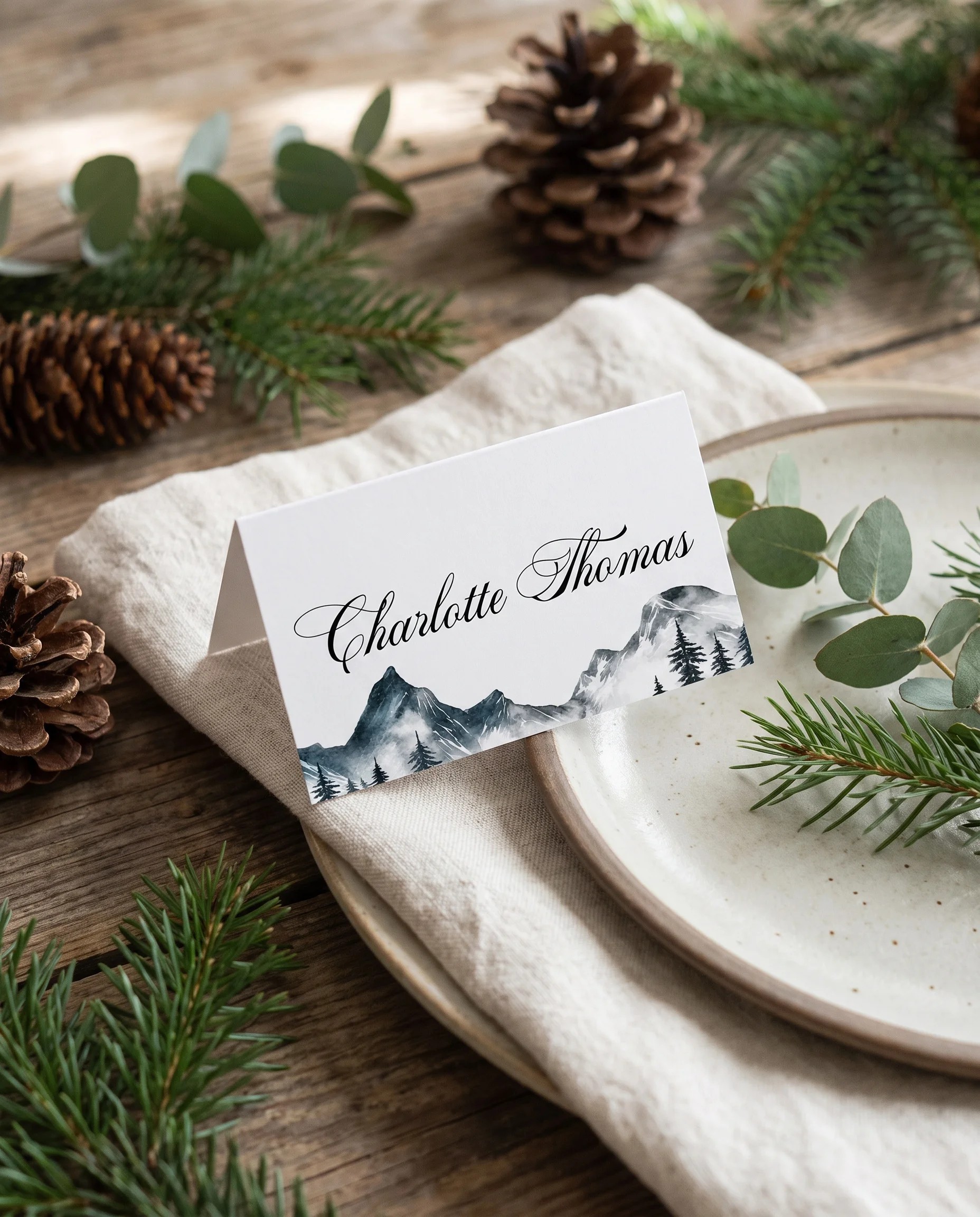 Pinecrest wedding place cards — single card displayed at a set place setting under soft natural light, wedding name cards.