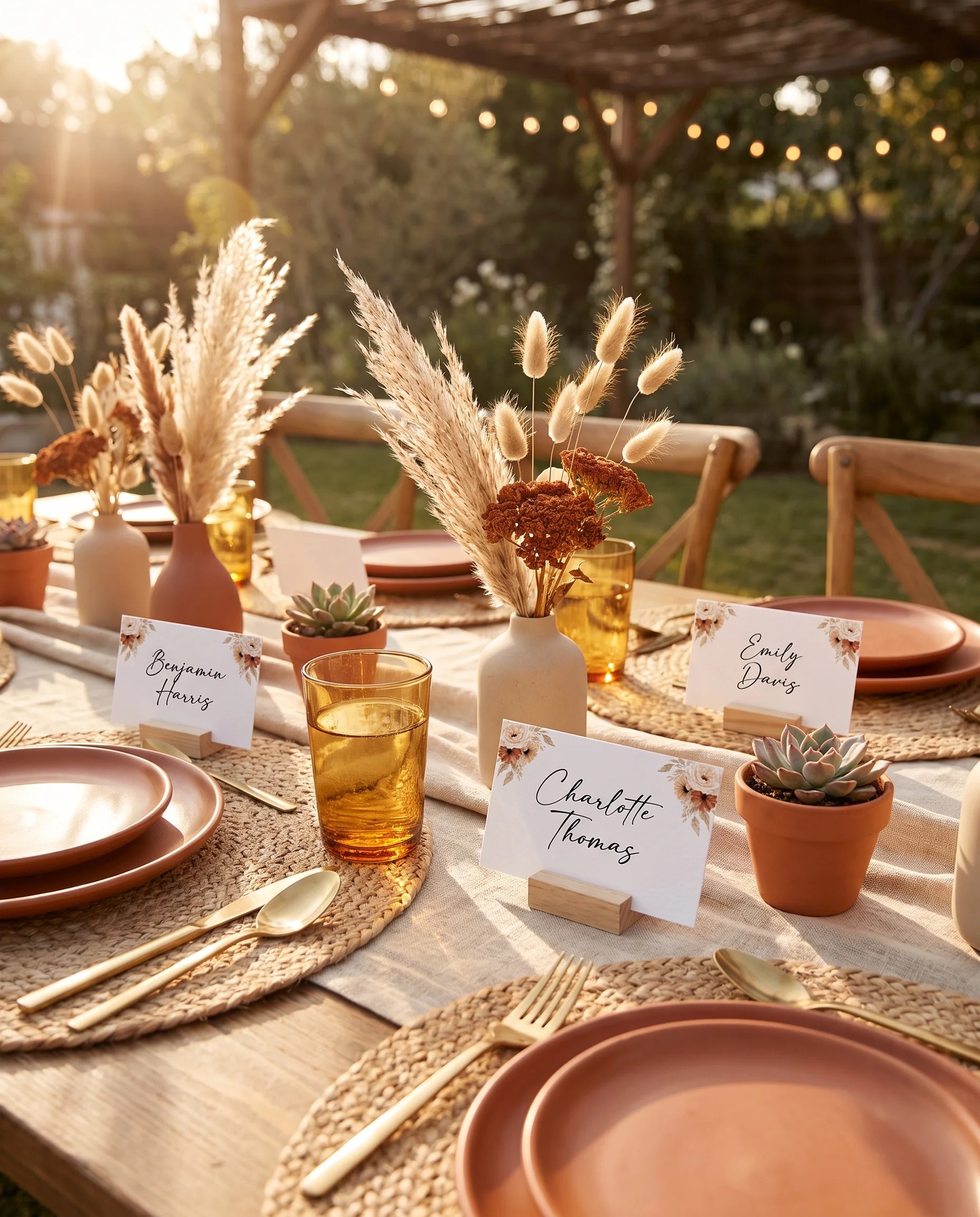 Pampas Bloom wedding place cards — cards arranged on a dressed reception table under soft natural light, place card template.