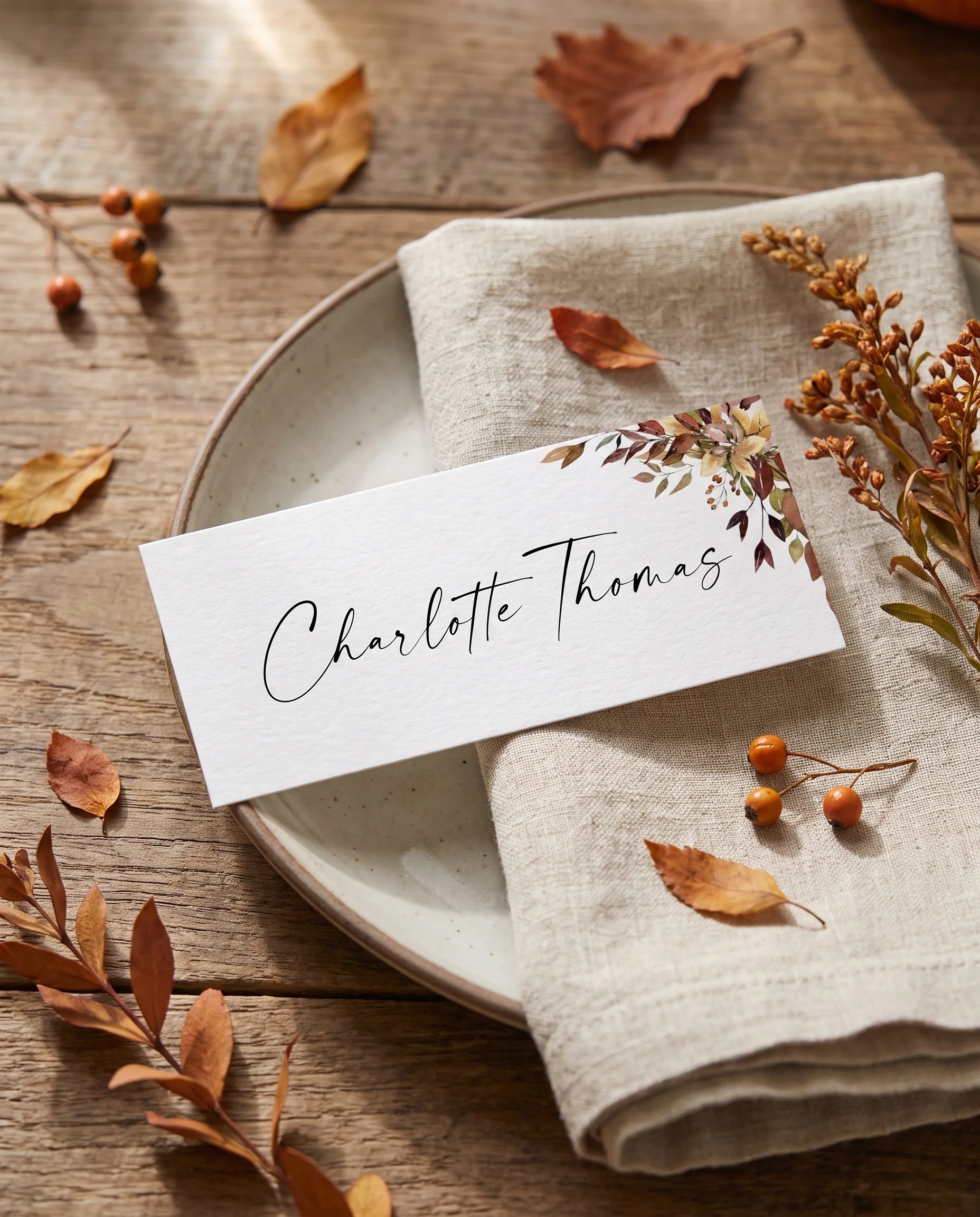Autumn Bough wedding place cards — a single card displayed at a set place setting under soft natural light, wedding name cards.