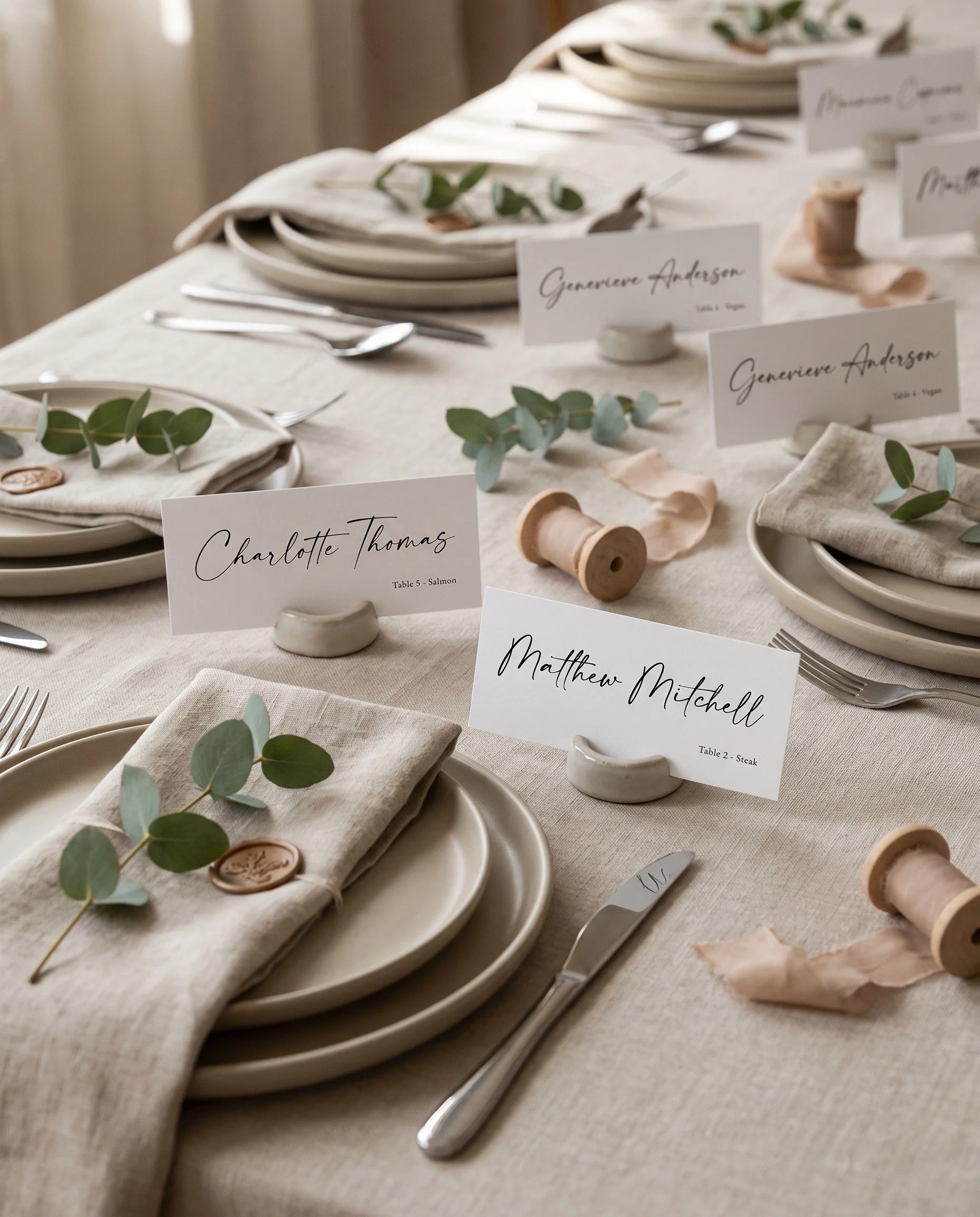 Arcadia wedding place cards — several place cards arranged on a dressed reception table under soft natural light, place card template