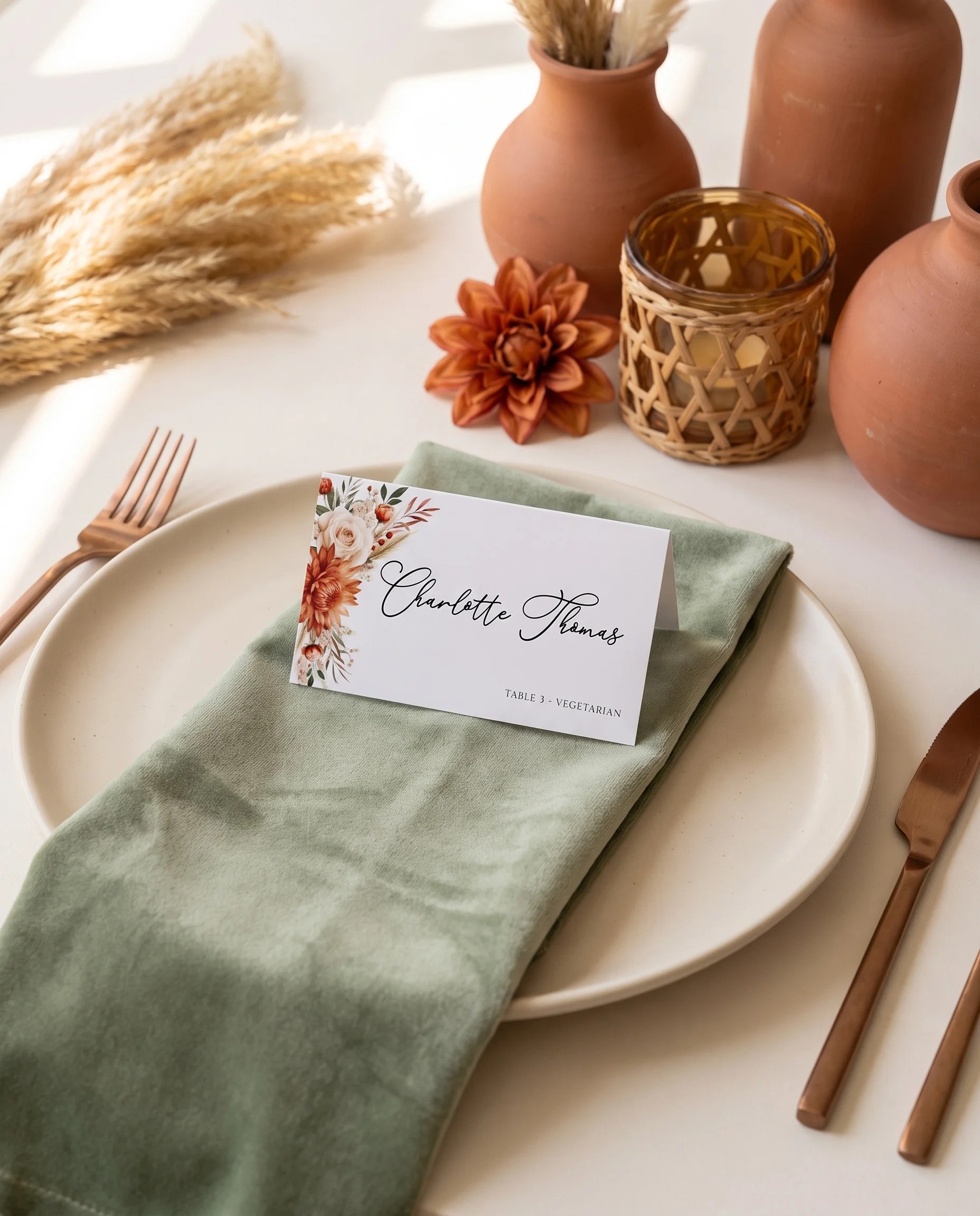 Marigold wedding place cards — a single place card displayed at a set place setting under soft natural light, wedding name cards.