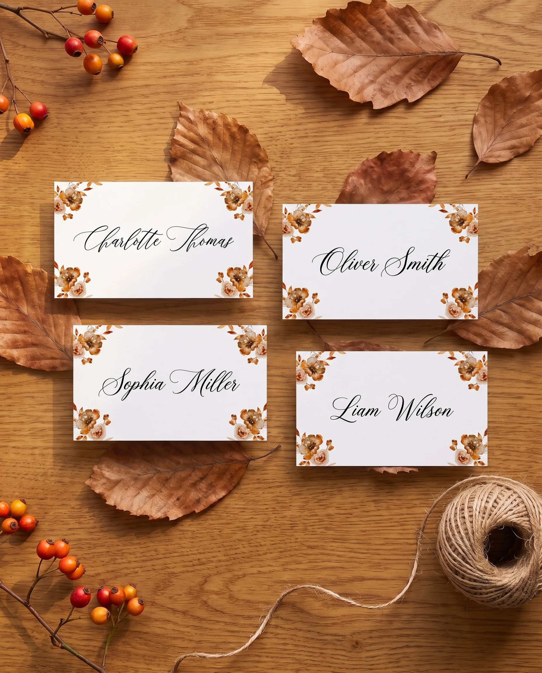 Autumn Bramble wedding place cards — several place cards shown flat under soft natural light on premium editorial paper, wedding place cards.