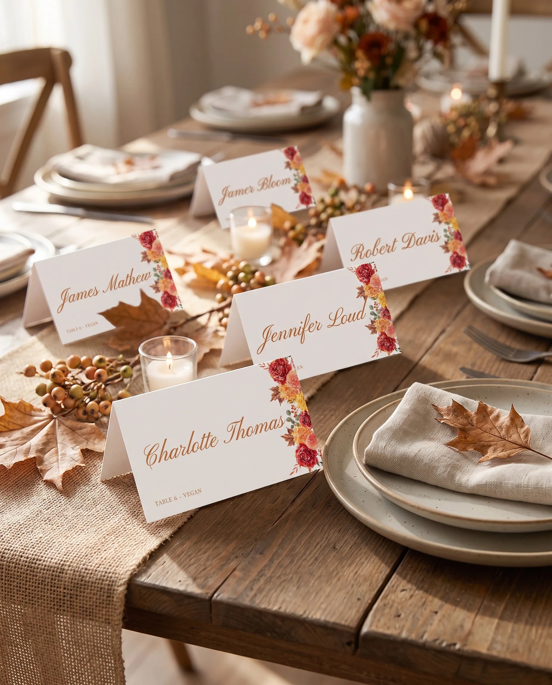 Ember Bloom wedding place cards — cards arranged on a dressed reception table under soft natural overhead light, place card template