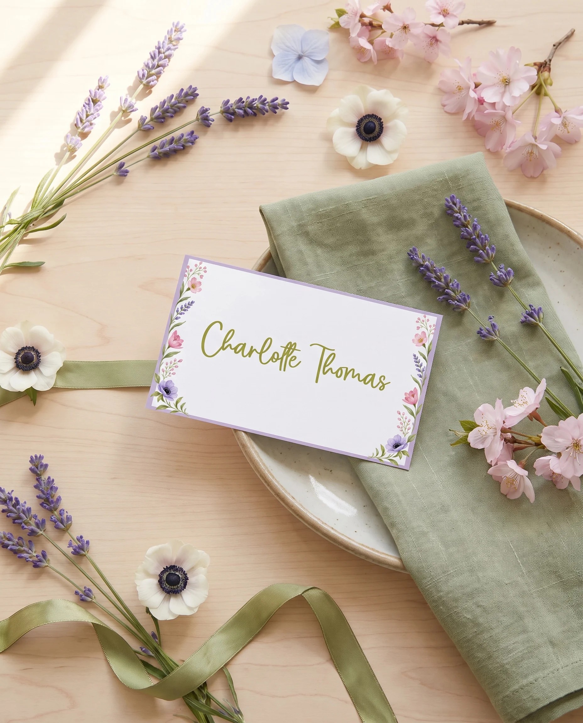 Anemone Toast wedding place cards — single card at a set place setting under soft natural light, wedding name cards.