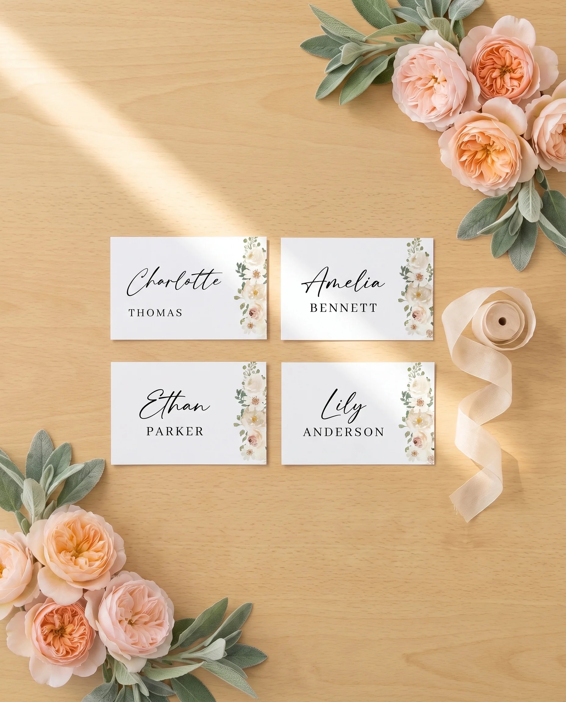 Seraphine wedding place cards — several place cards shown flat under soft natural light, wedding place cards