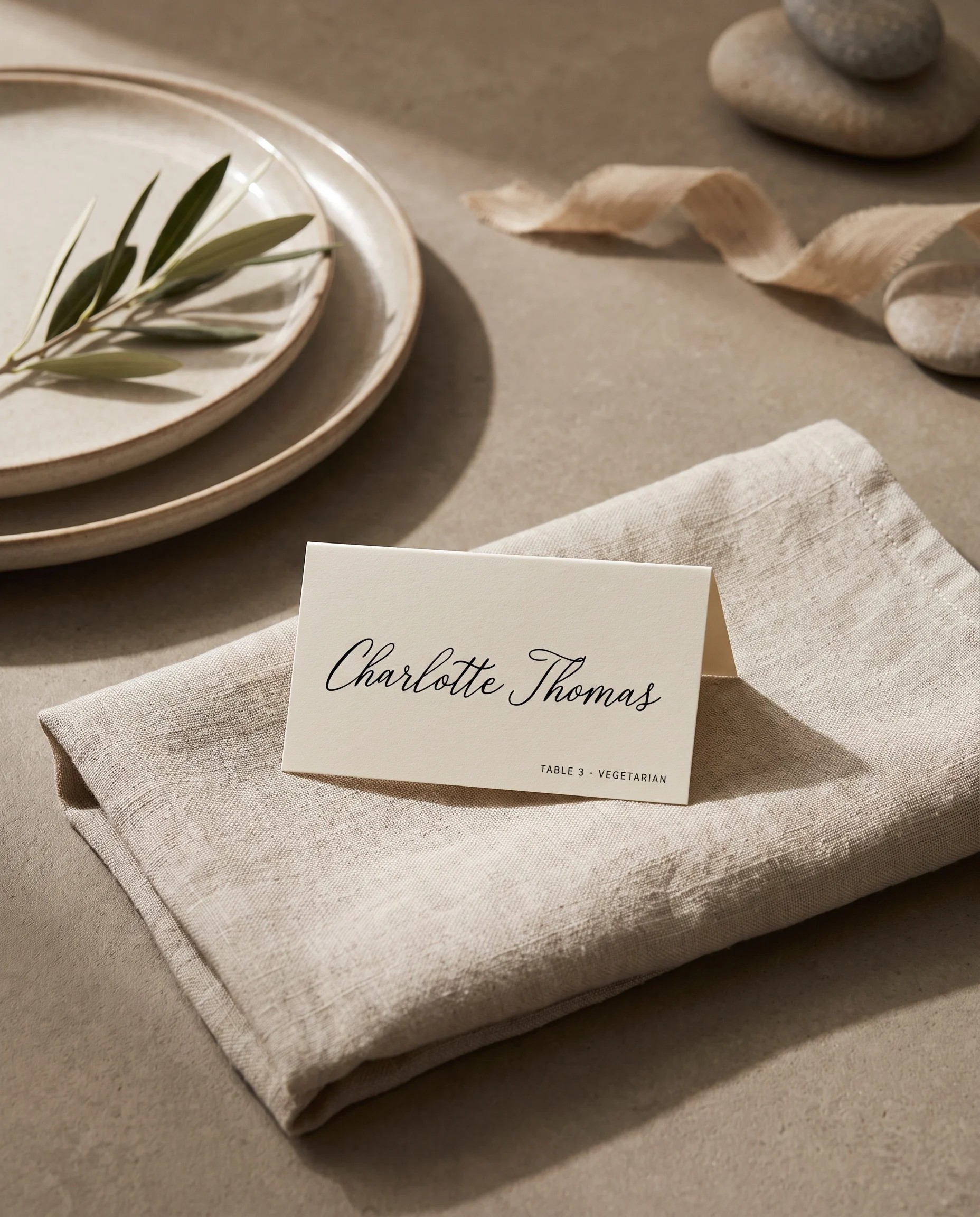 Lyris wedding place cards — shown at a single place setting under soft natural light, wedding name cards.