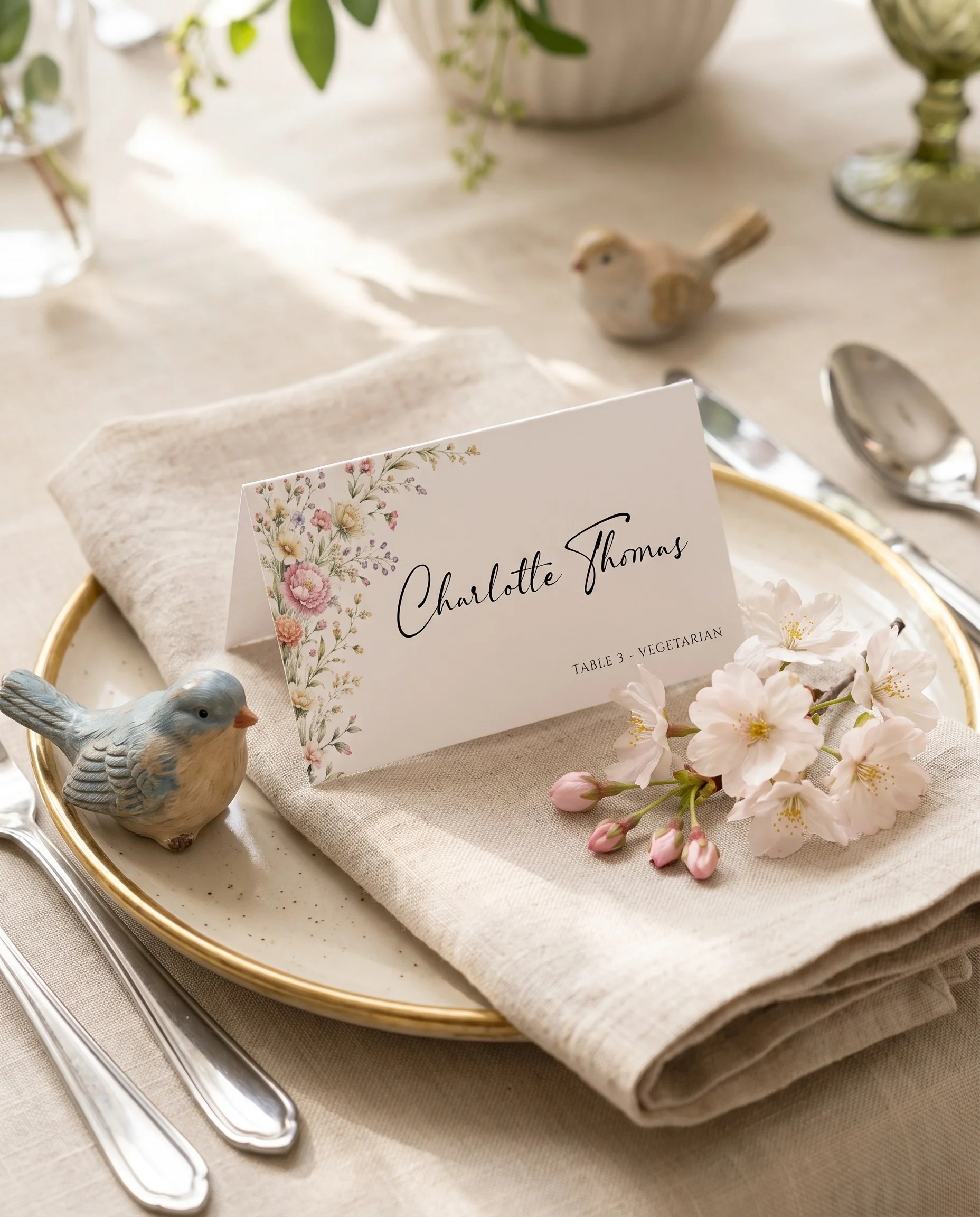Petal Arbor wedding place cards — a single card displayed at a set place setting under soft overhead light, wedding name cards.