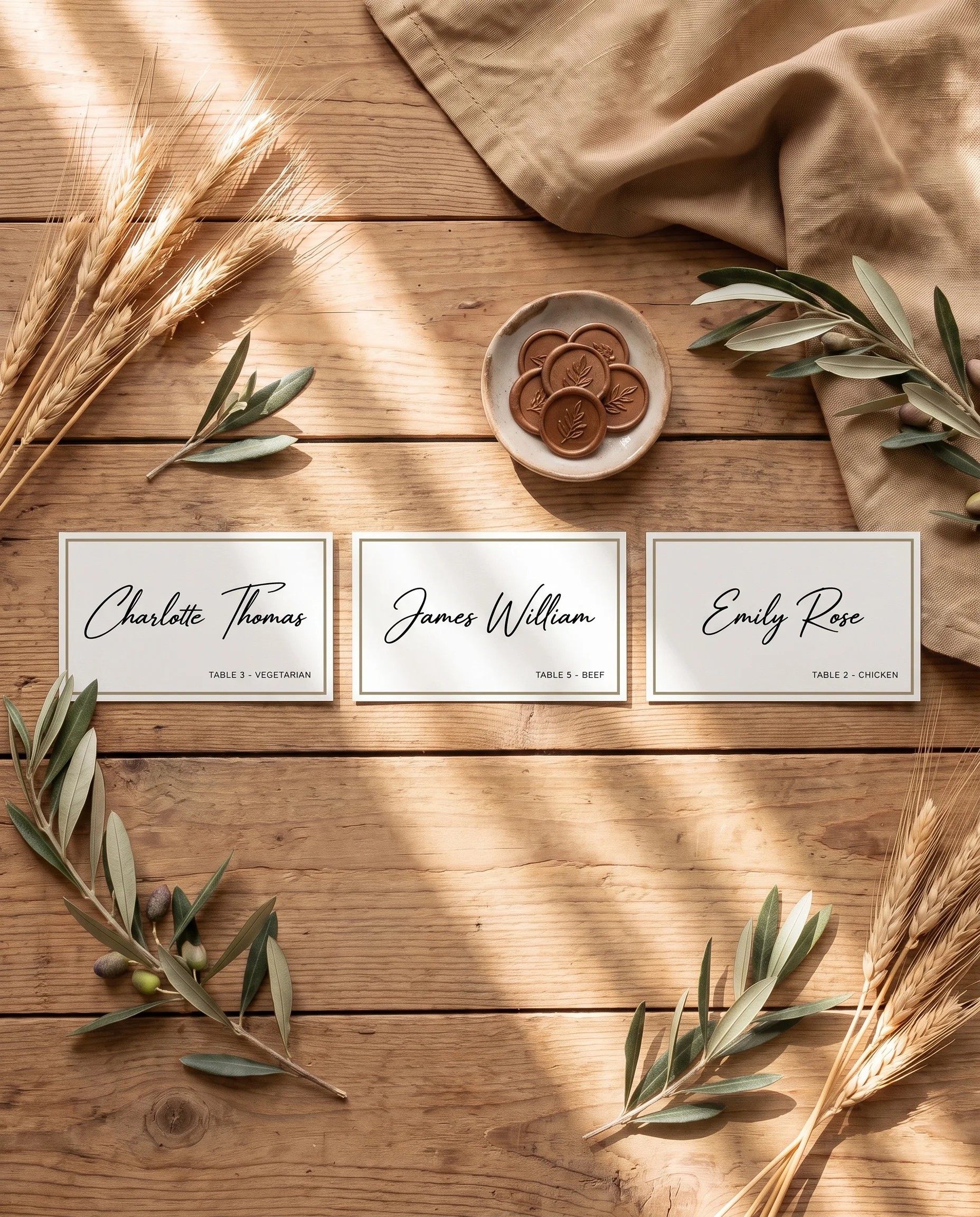 Golden Vale wedding place cards — several place cards shown flat under soft natural light at a slight overhead angle, wedding place cards