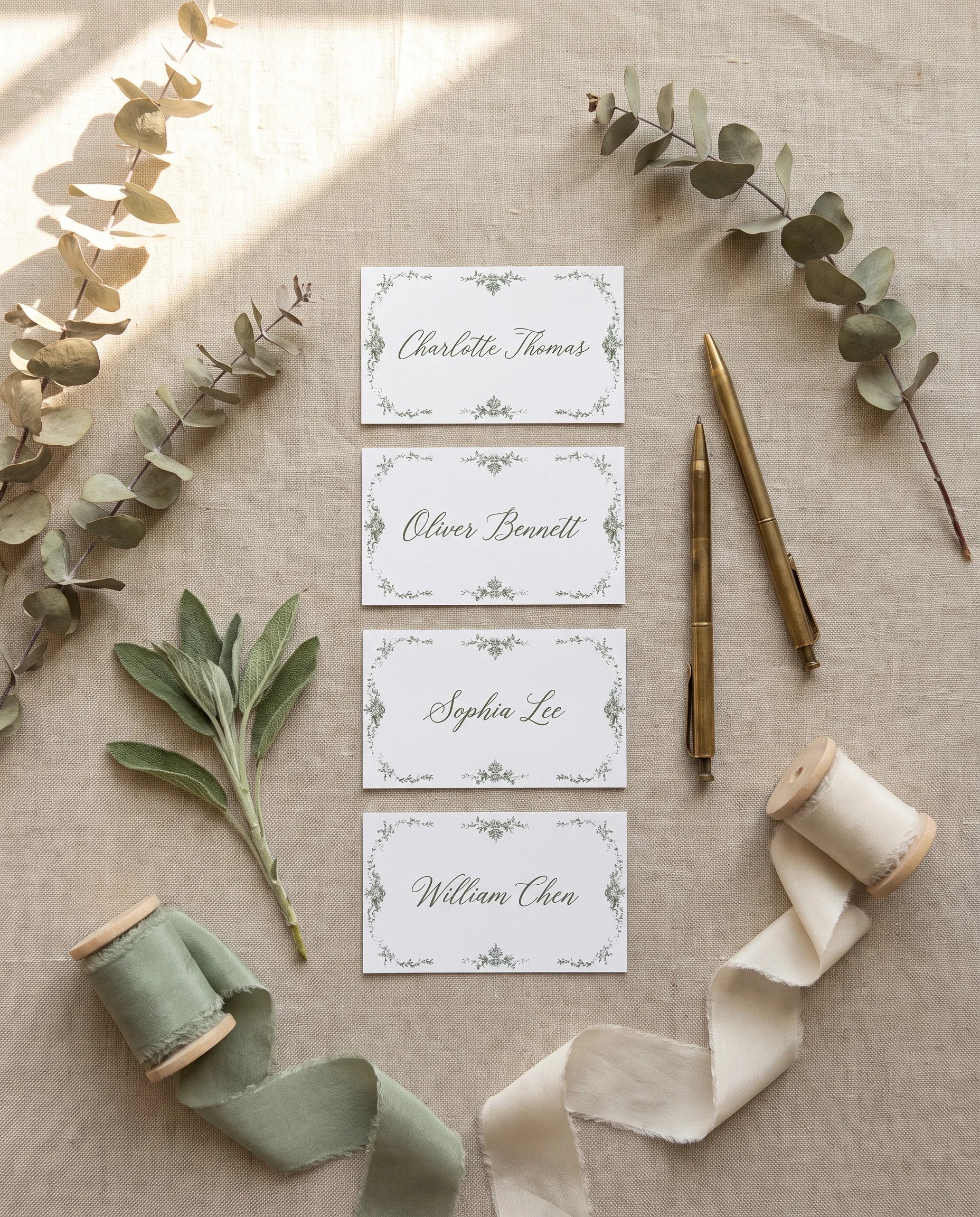 Sage Crest wedding place cards — several place cards shown flat in soft overhead light on premium paper, wedding place cards.