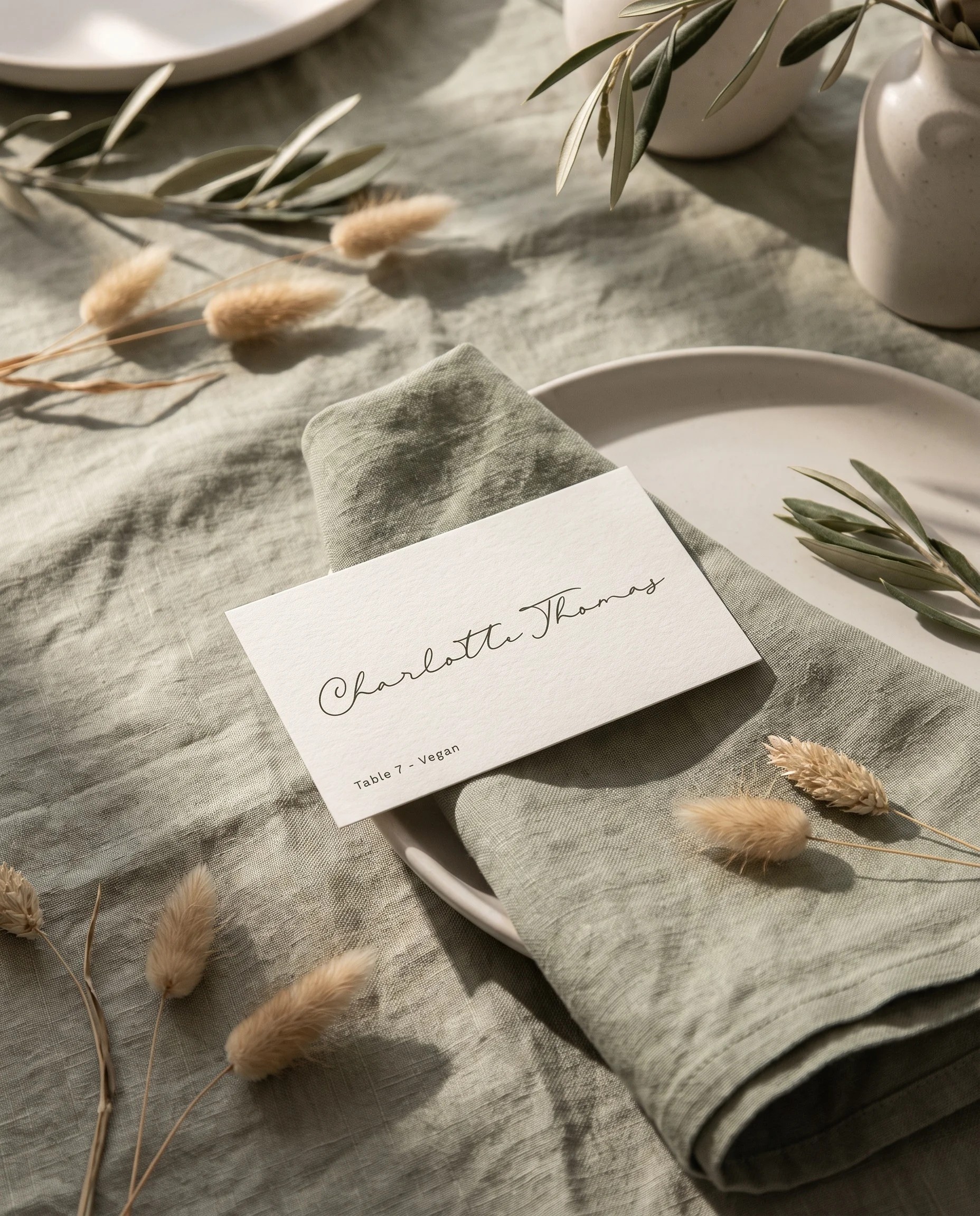 Manor Etching wedding place cards — a place card displayed at a set place setting under soft natural overhead light, wedding name cards.
