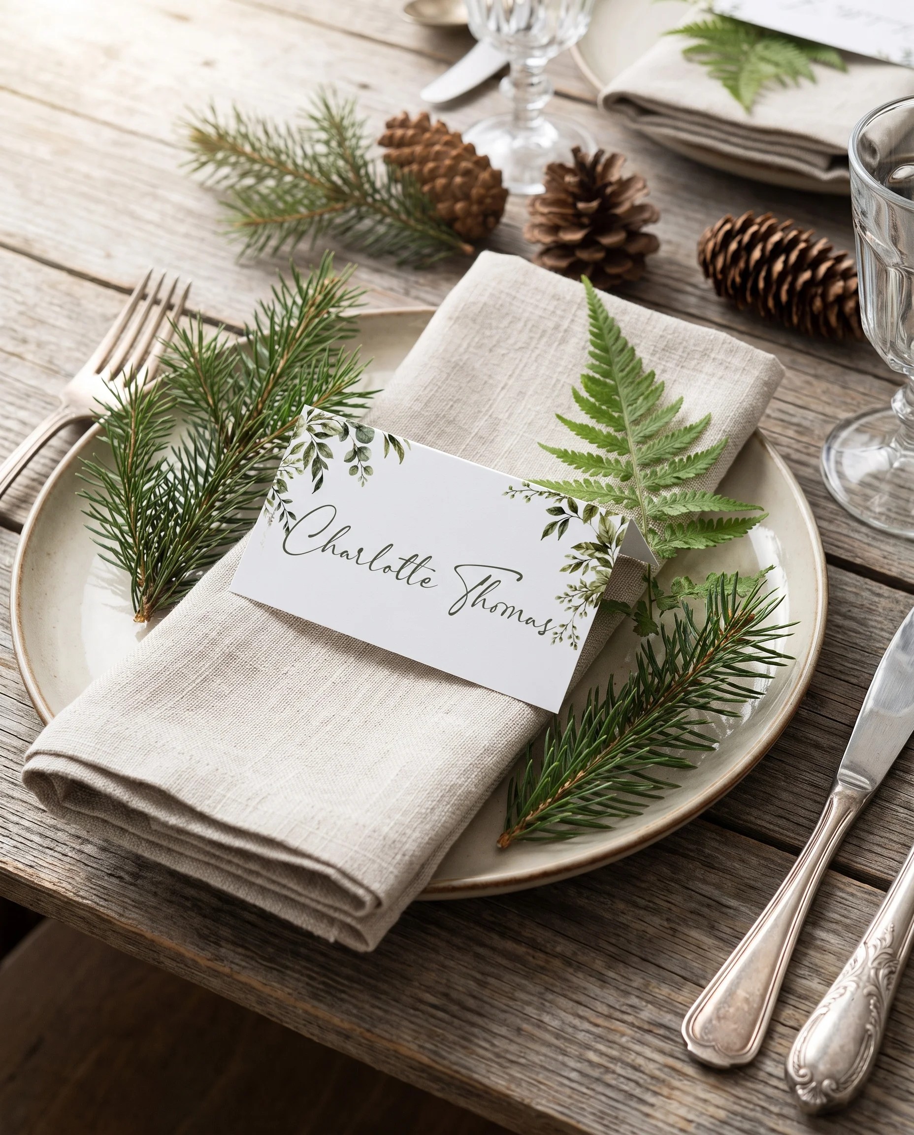 Canopy Grove wedding place cards — a single card at a set place setting under soft overhead light, wedding name cards
