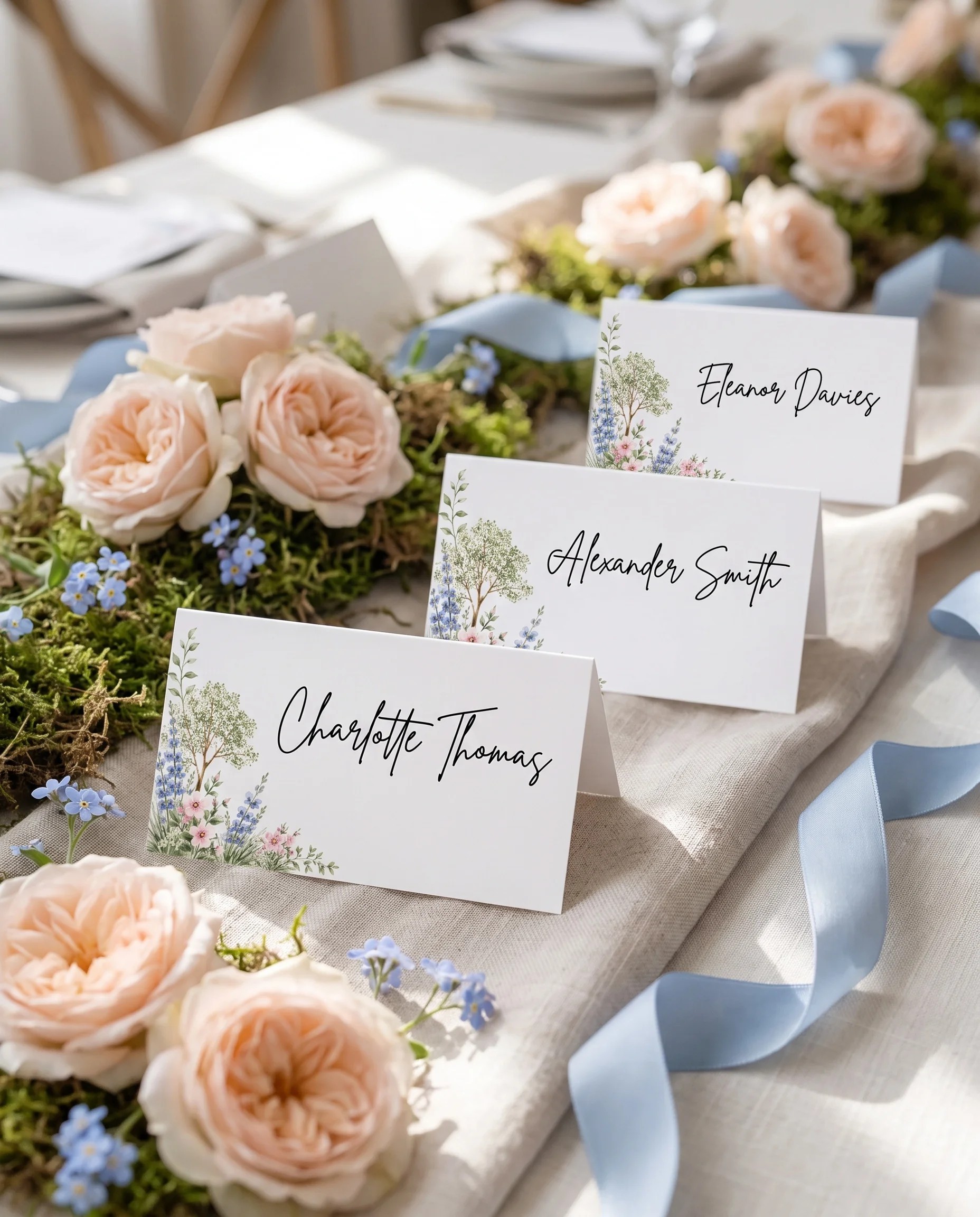 Meadow Spire wedding place cards — cards arranged on a dressed reception table under soft natural light, place card template.