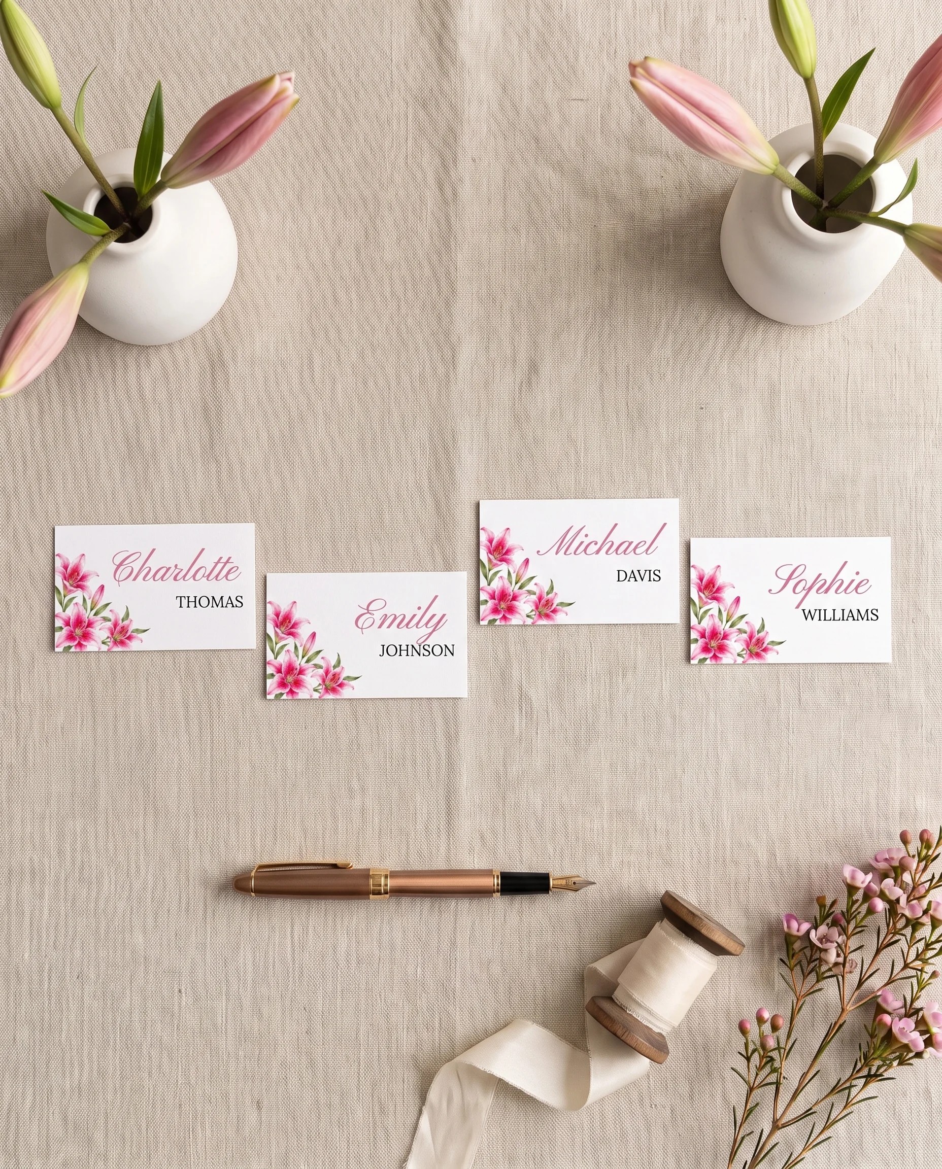 Lily Bloom wedding place cards — several place cards shown flat under soft natural light on premium editorial paper, wedding place cards
