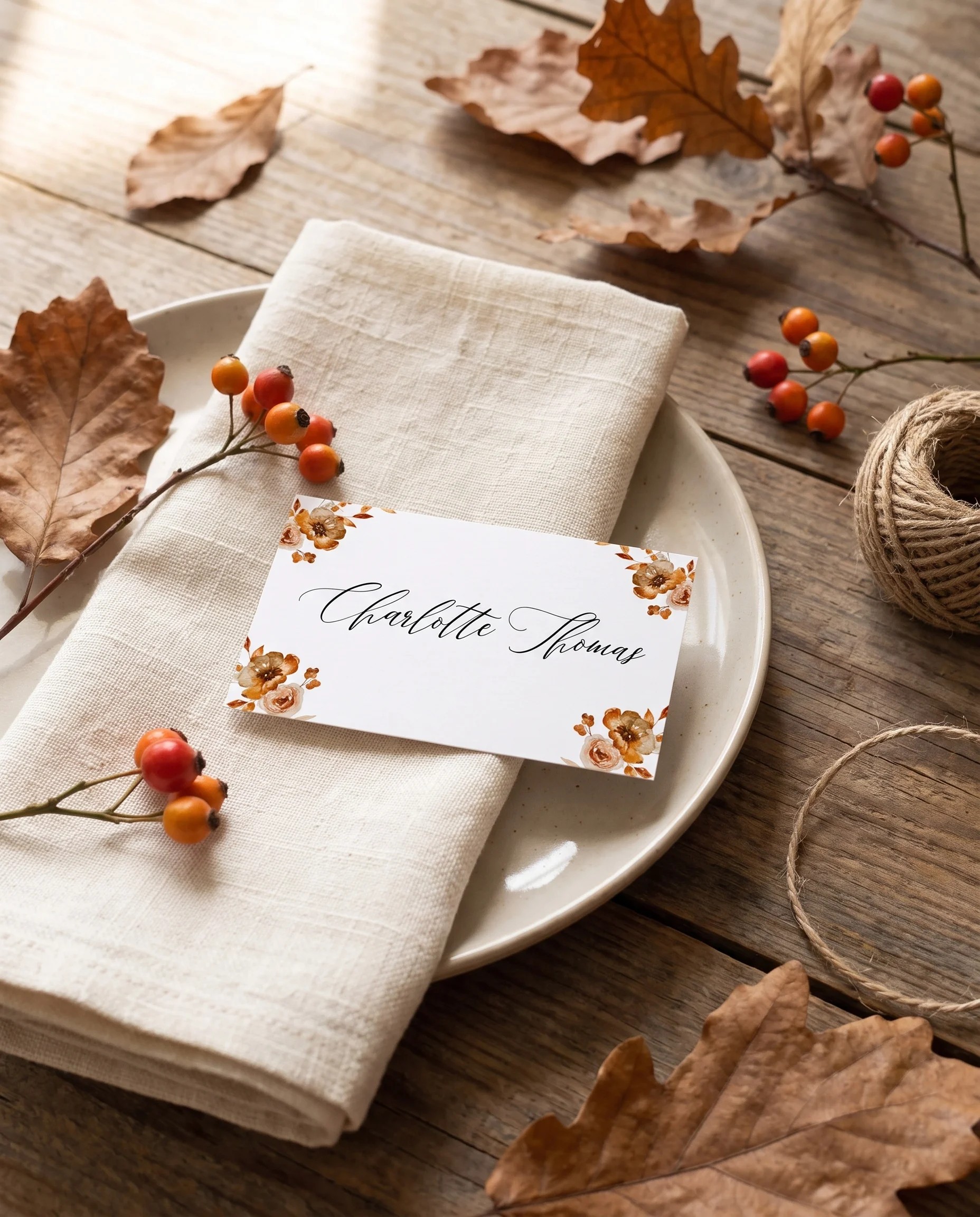Autumn Bramble wedding place cards — single card at a set place setting under soft natural light, wedding name cards.