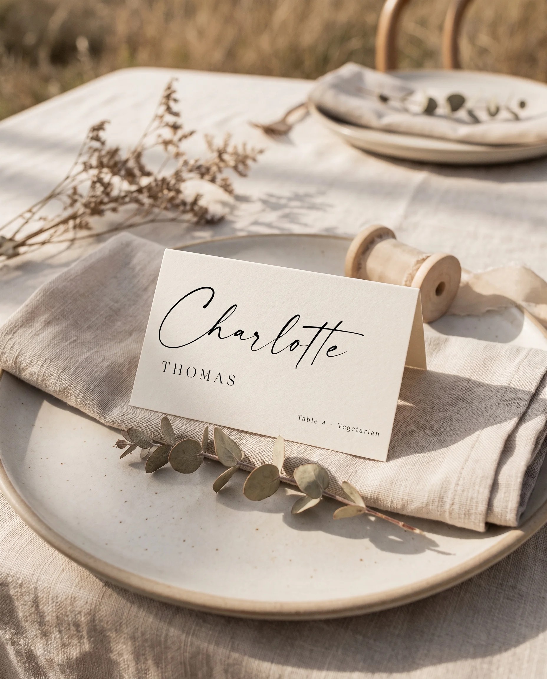 Charline wedding place cards — a single place card displayed at a set place setting under soft natural light, wedding name cards.