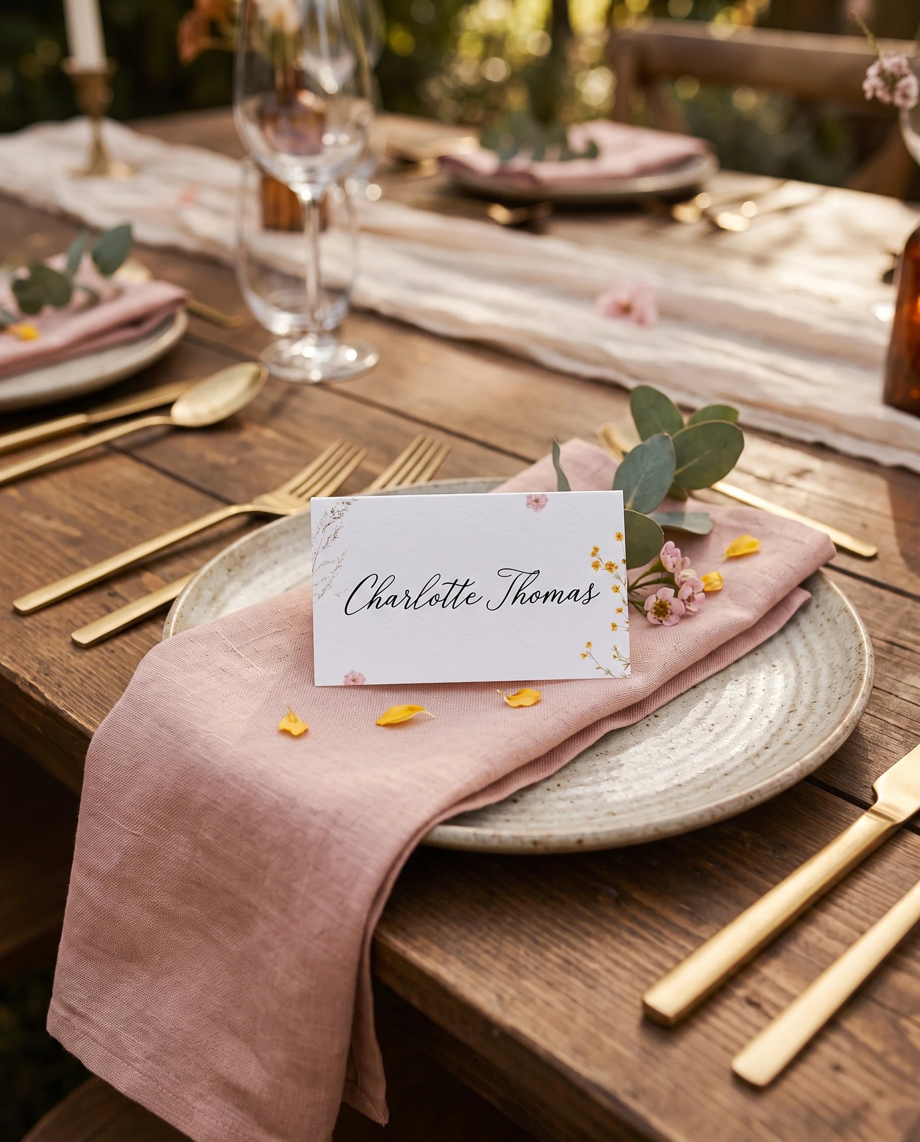 Marigold Petal wedding place cards — single card displayed at a place setting under soft natural light, wedding name cards.