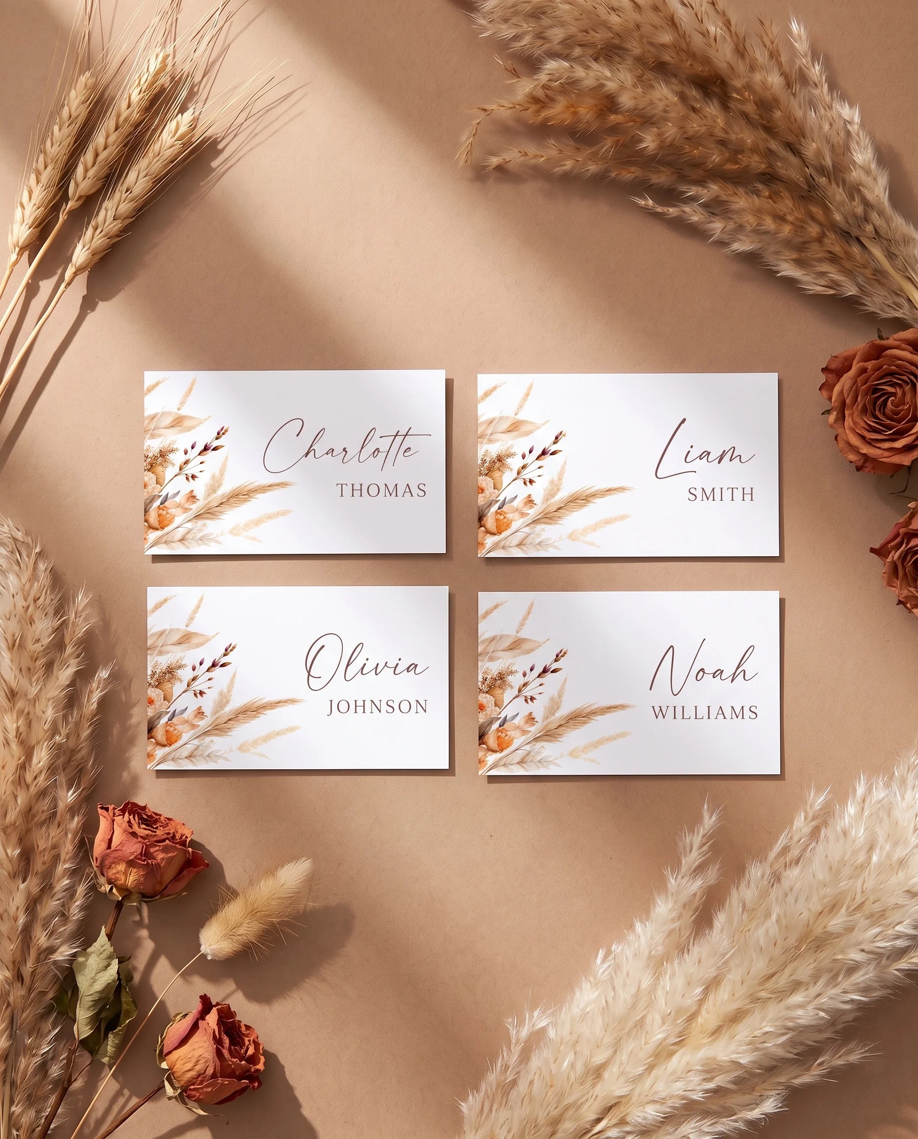 Harvest Script wedding place cards — several place cards shown flat under soft natural light on premium editorial paper, wedding place cards.