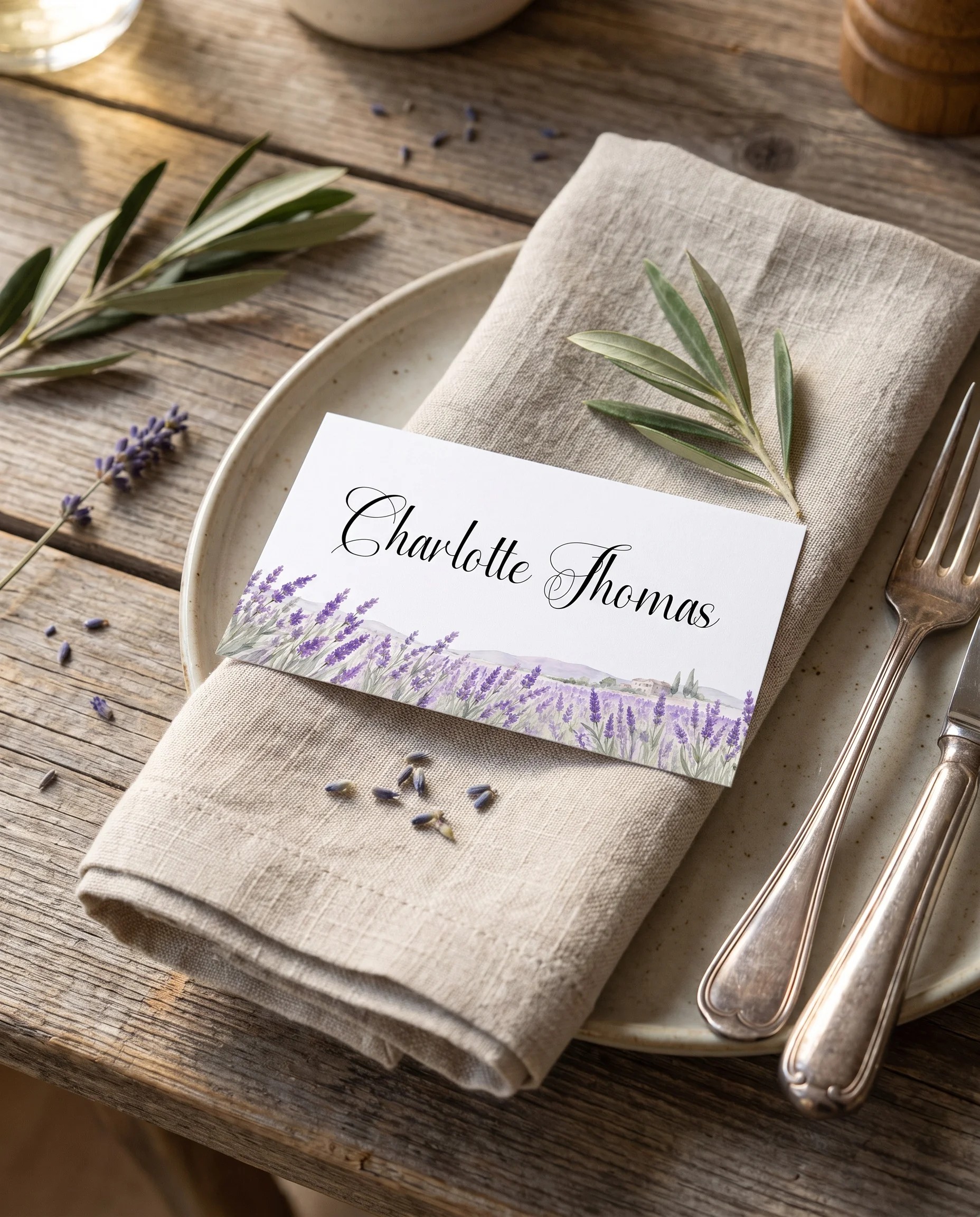 Provence Fields wedding place cards — a single card displayed at a set place setting under soft natural light, wedding name cards.