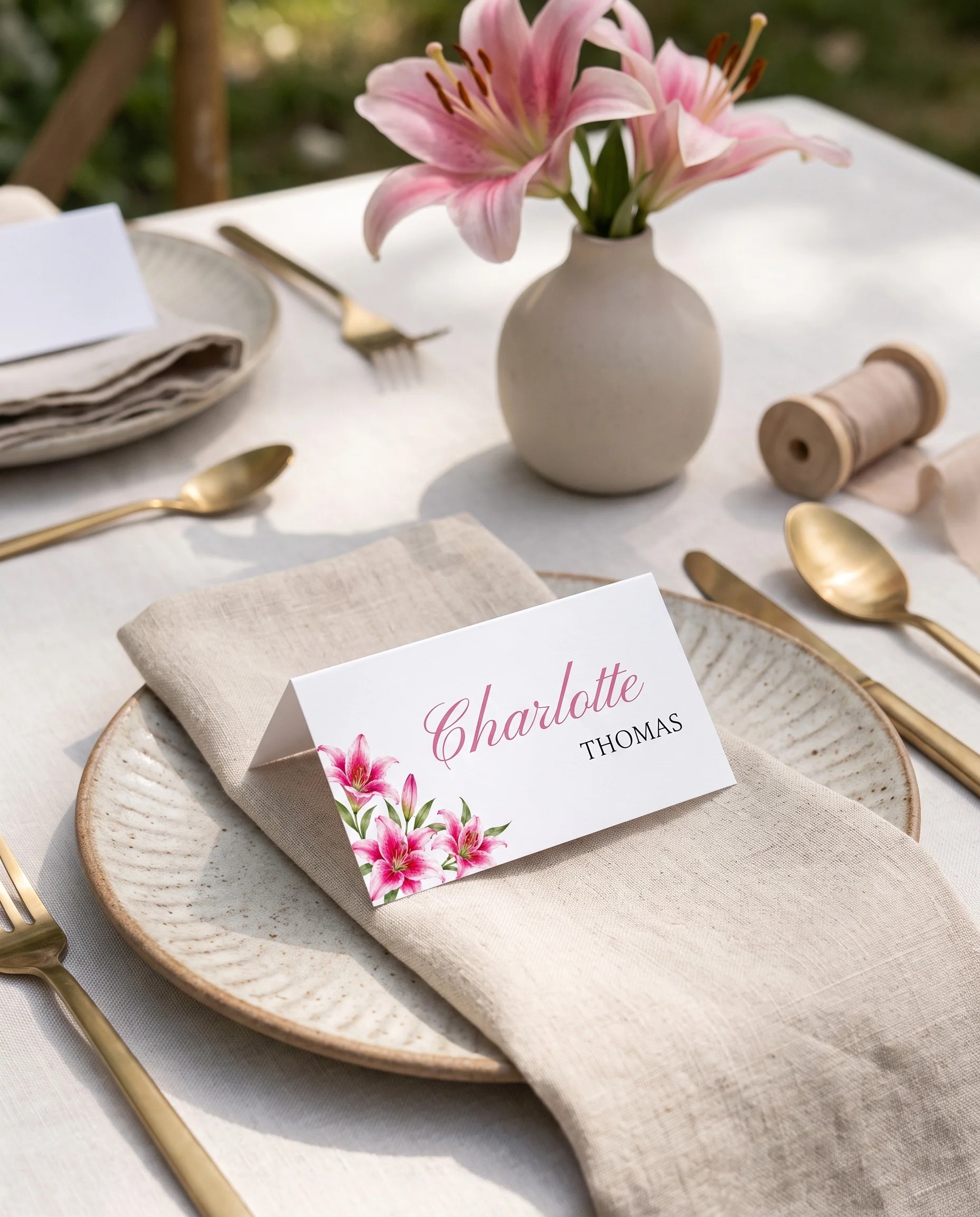 Lily Bloom wedding place cards — a single place card at a set place setting, photographed under soft natural light, wedding name cards.