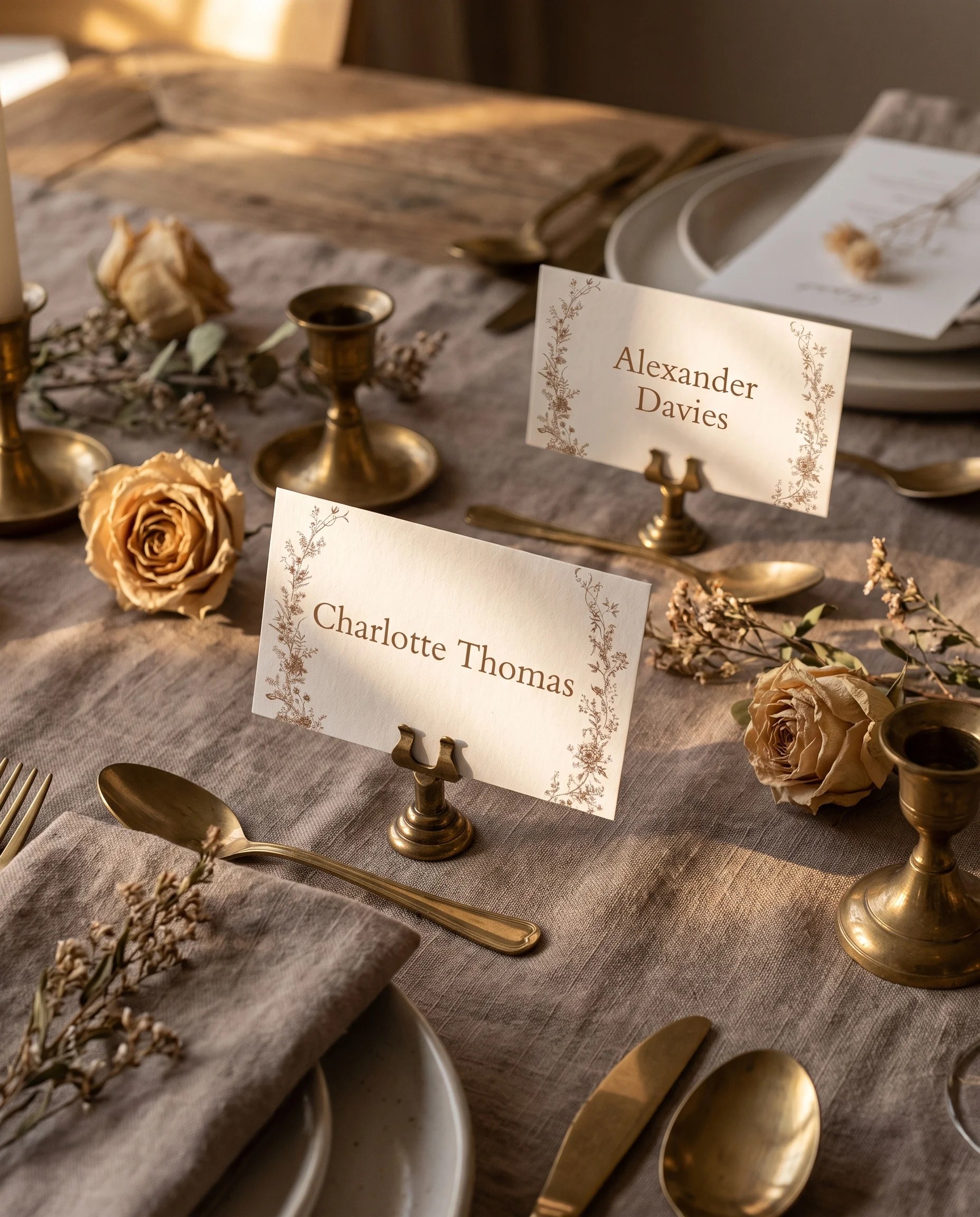 Sepia Crest wedding place cards — arranged on a dressed reception table under soft natural light, place card template.