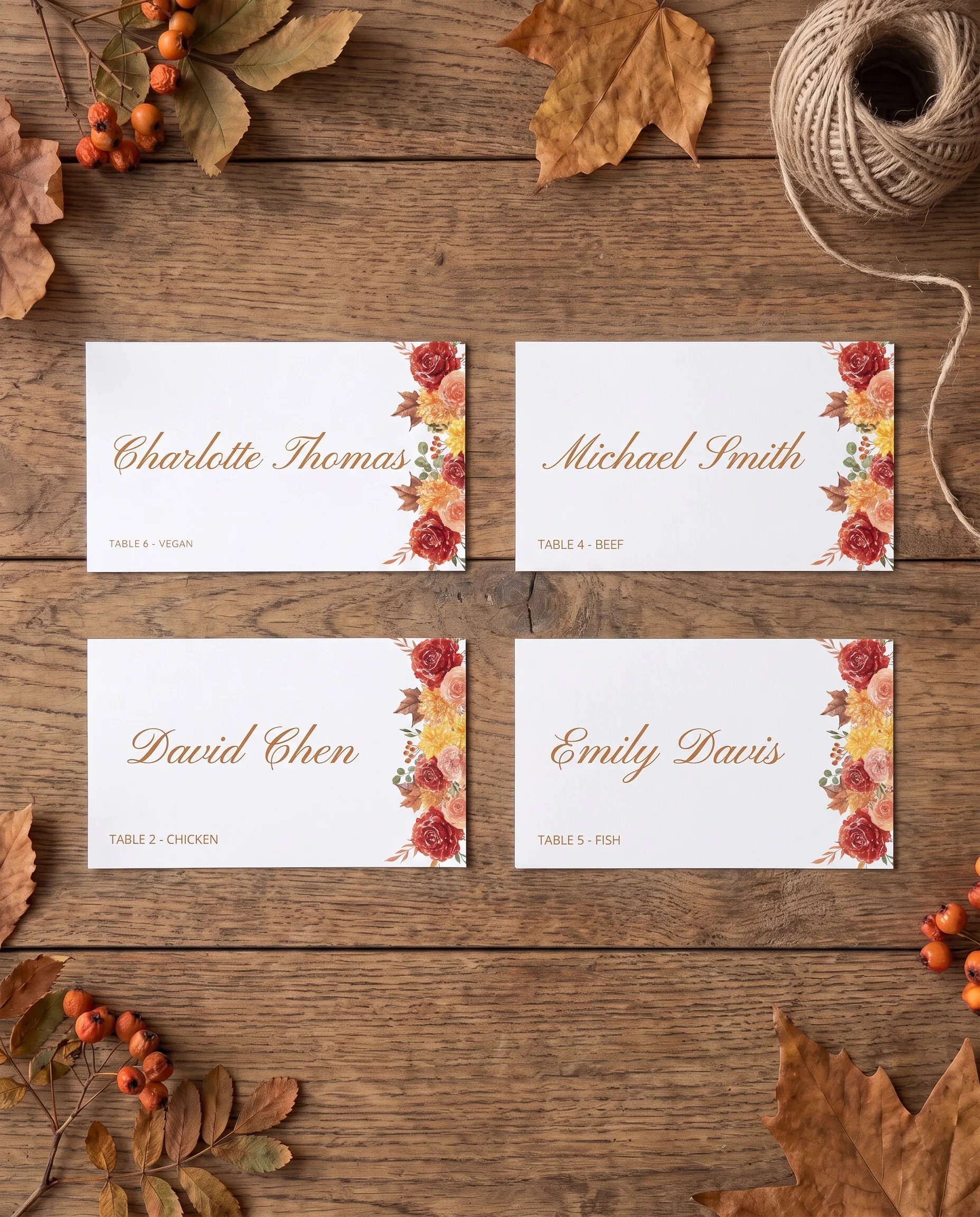 Ember Bloom wedding place cards — several cards shown flat under soft natural light on premium editorial paper, wedding place cards.