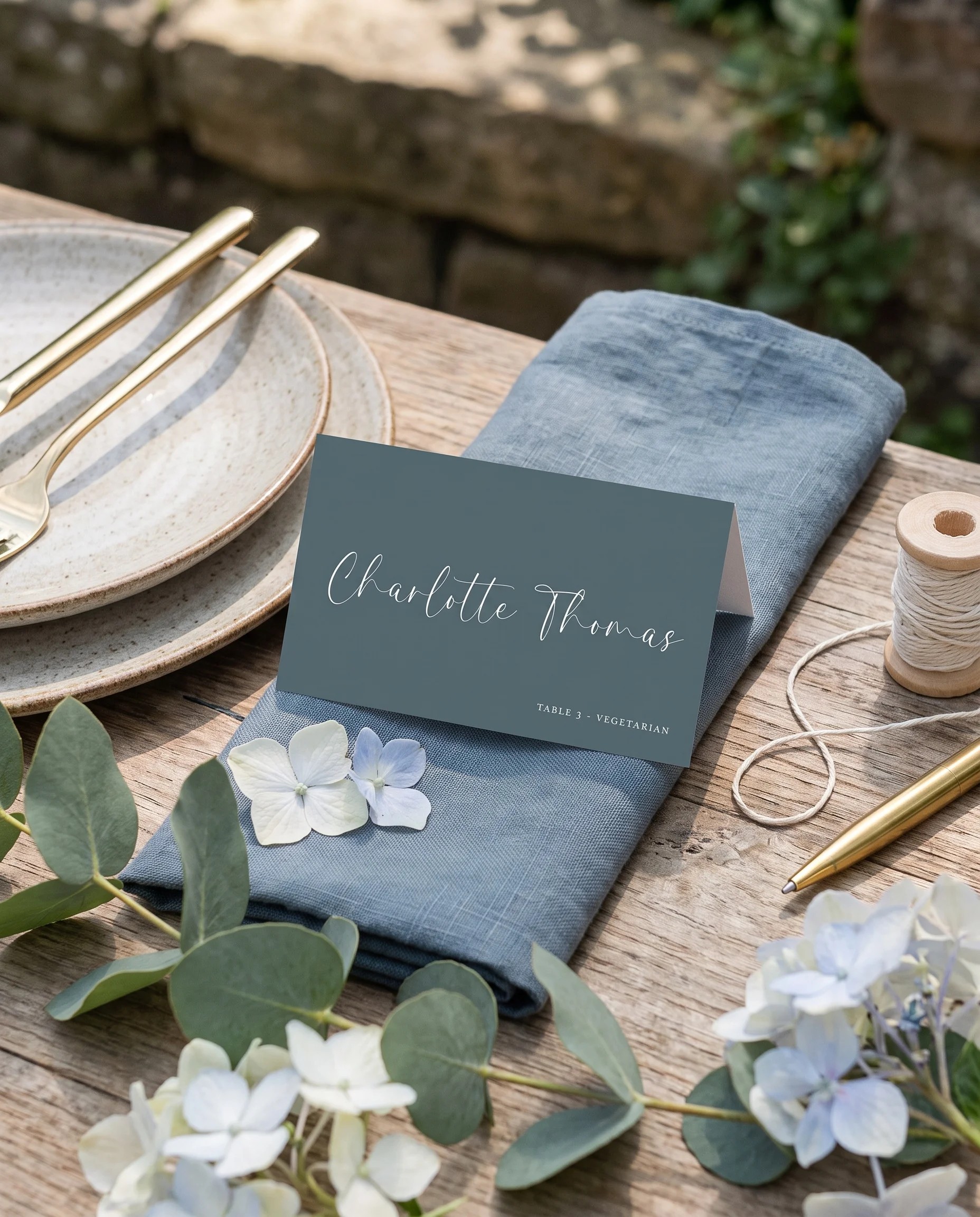 Arrow Crest wedding place cards — a single card displayed at a set place setting under soft natural light, wedding name cards