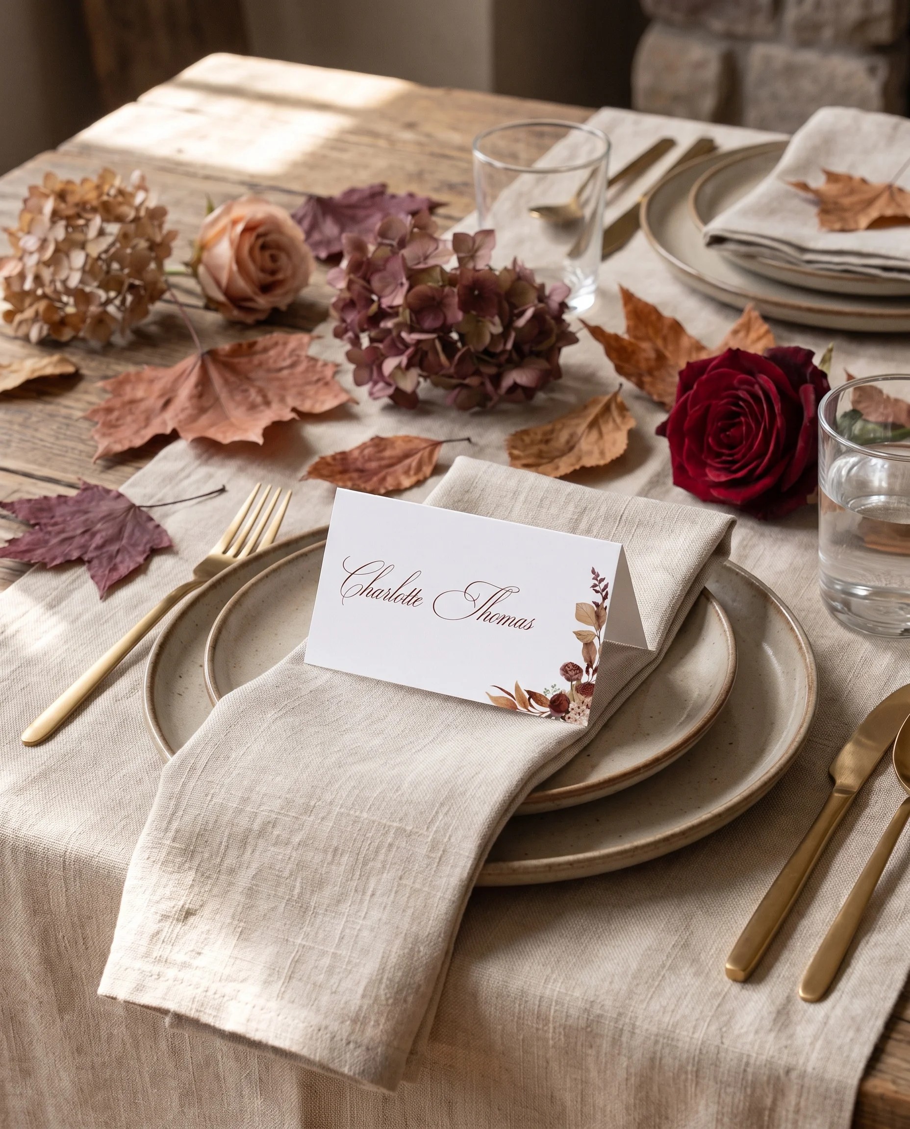 Bramble Row wedding place cards — a single card displayed at a set place setting under soft natural light, wedding name cards.