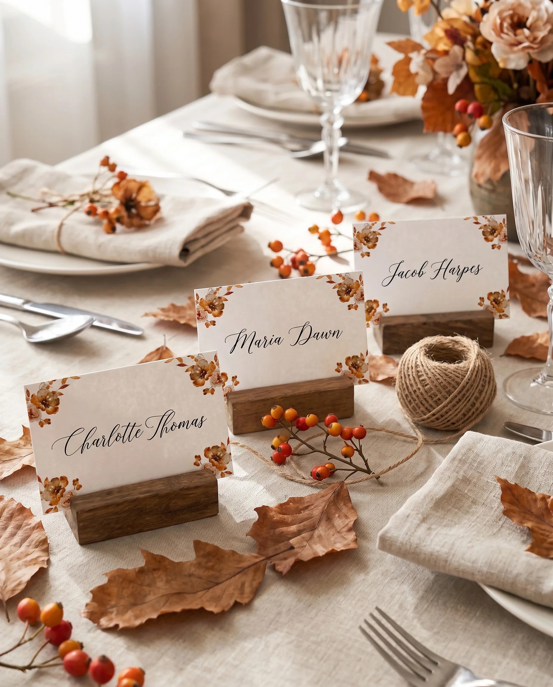 Autumn Bramble wedding place cards — cards arranged on a dressed reception table under soft natural light, place card template.