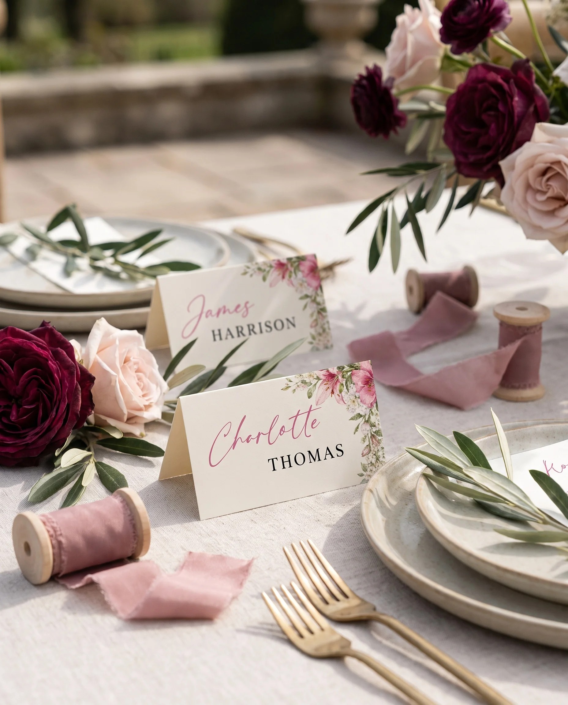Rosevale wedding place cards — place cards arranged on a dressed reception table under soft natural light, place card template.