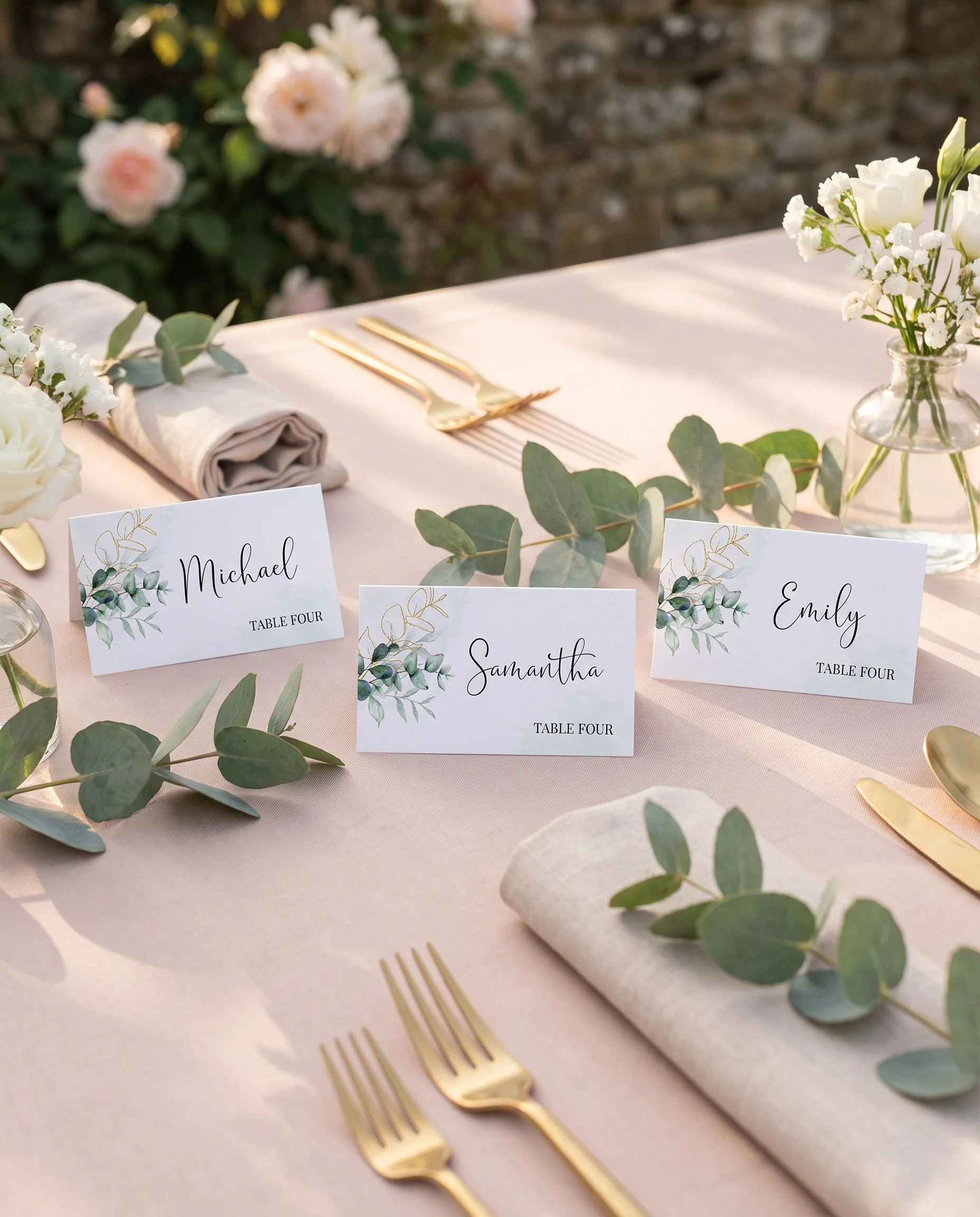 Eucalyptus Gold wedding place cards — displayed on a dressed reception table under soft natural light, place card template.