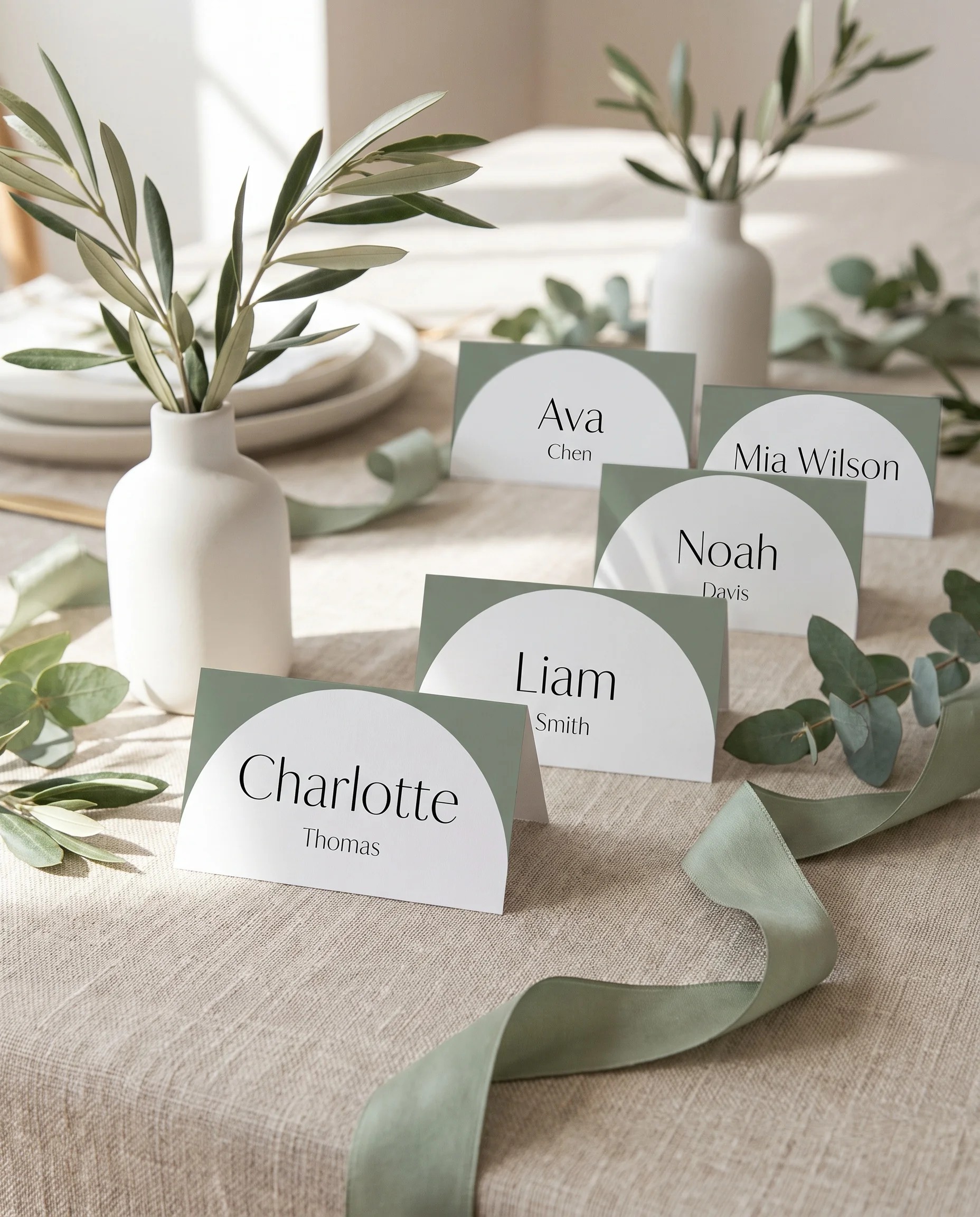 Arc Vale wedding place cards — place cards arranged on a dressed reception table under soft natural light, place card template.