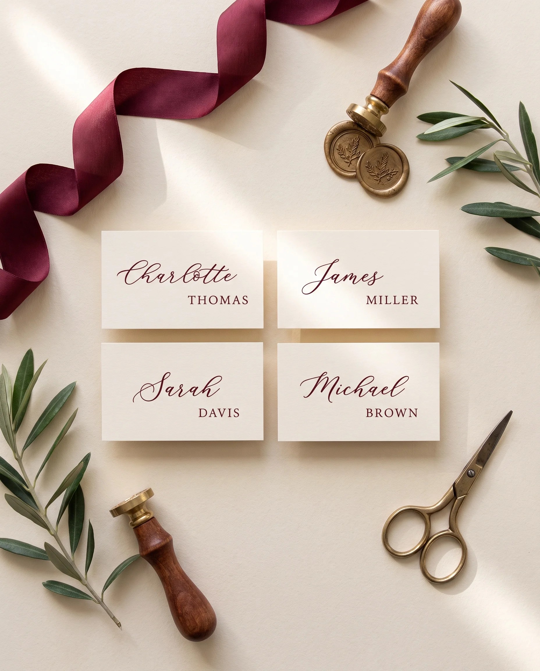 Claret Vine wedding place cards — several cards shown flat under soft natural light on premium editorial paper, wedding place cards.