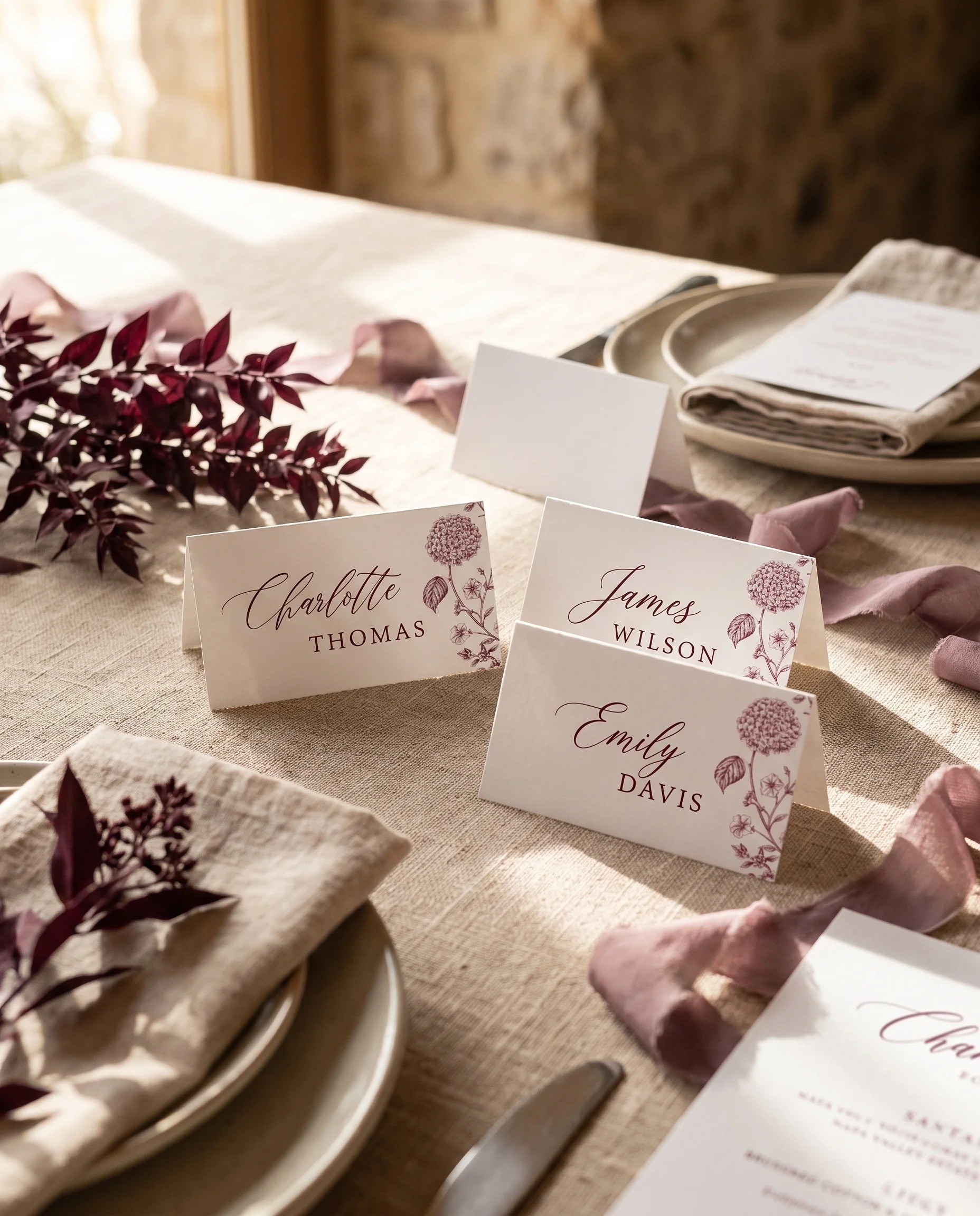Chantilly wedding place cards — arranged on a dressed reception table under soft natural light, place card template