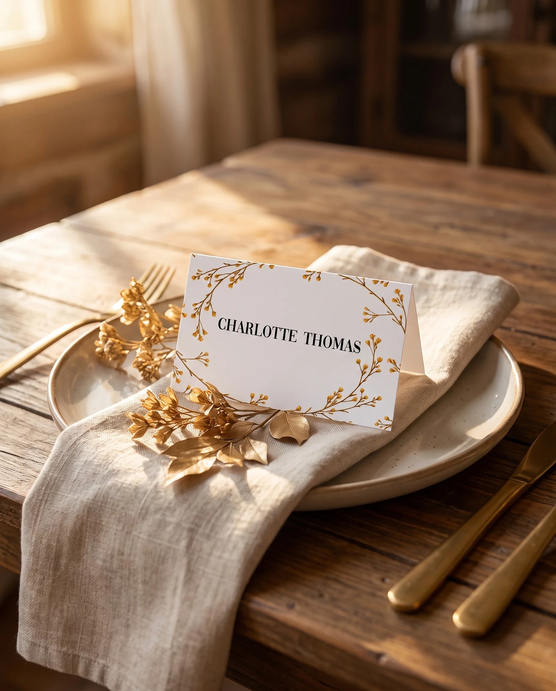 Golden Vine wedding place cards — single card displayed at a set place setting under soft overhead light, wedding name cards.