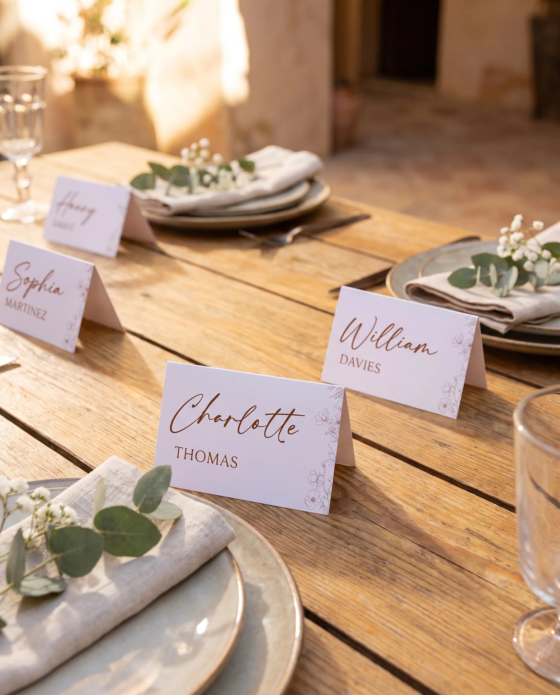 Arrow Bloom wedding place cards — several cards arranged on a dressed reception table under soft natural light, place card template.