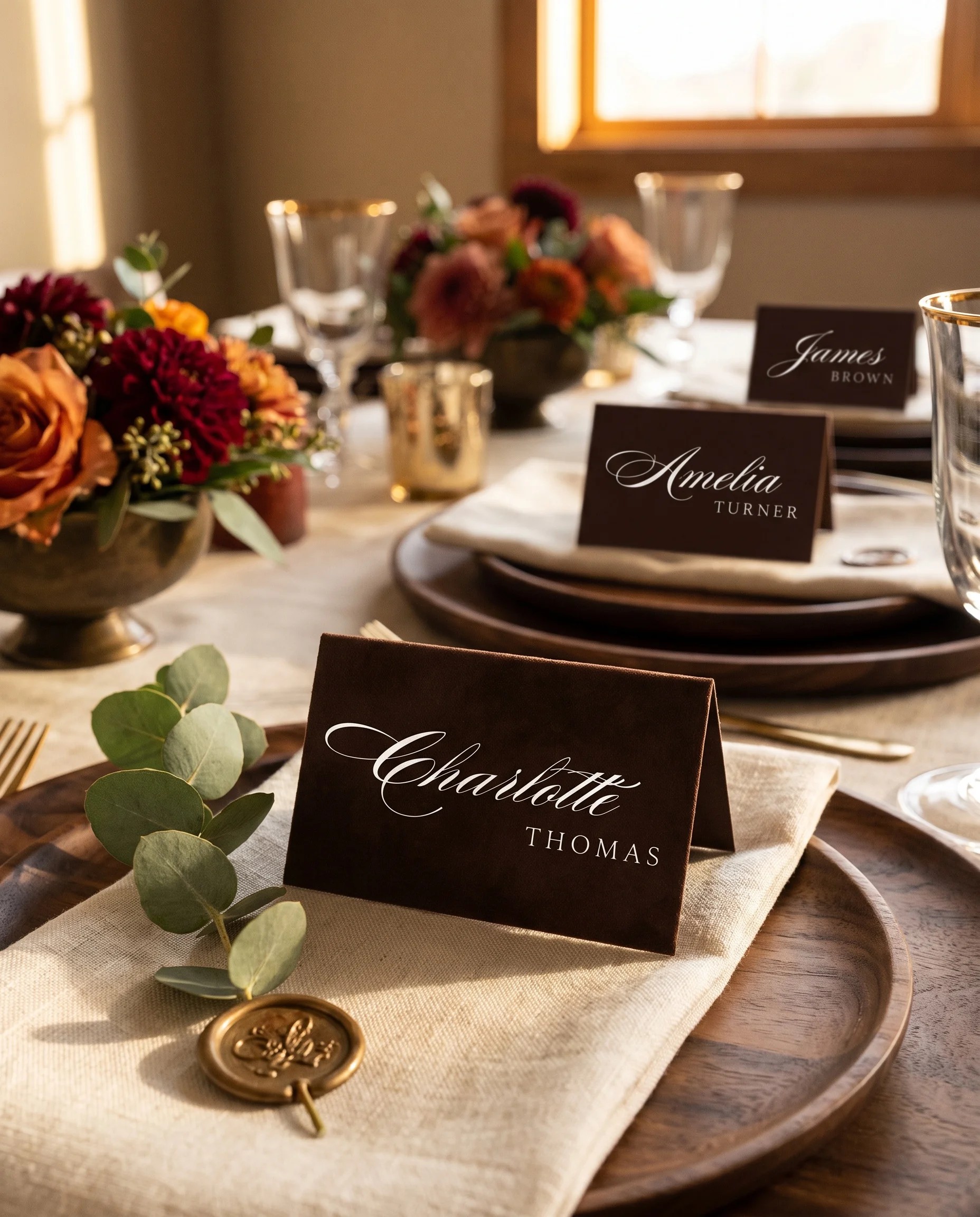 Velour wedding place cards — place cards arranged on a dressed reception table under soft natural light, place card template
