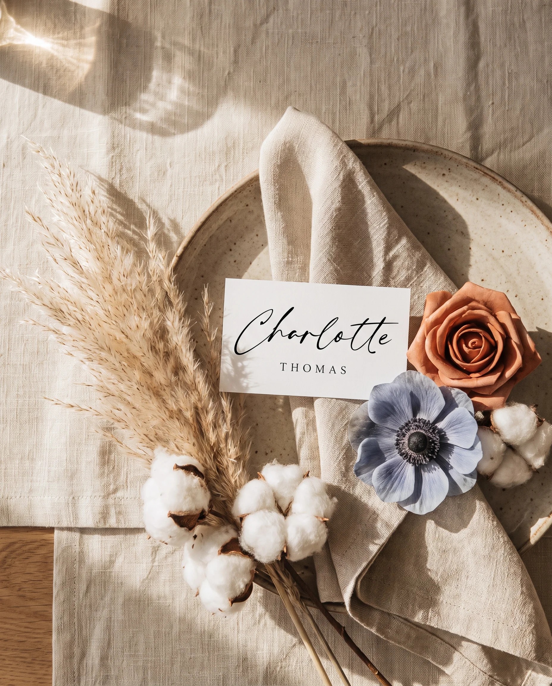 Cathedral wedding place cards — single card displayed at a set place setting under soft natural light, wedding name cards.