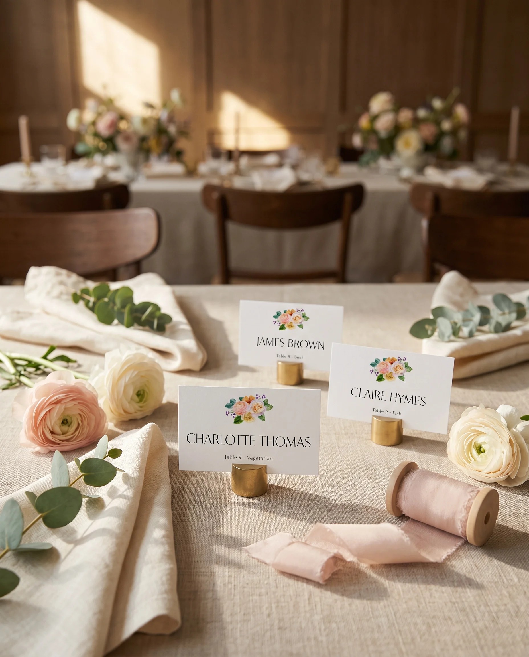 Petal Glade wedding place cards — place cards arranged on a dressed reception table under soft natural light, place card template.