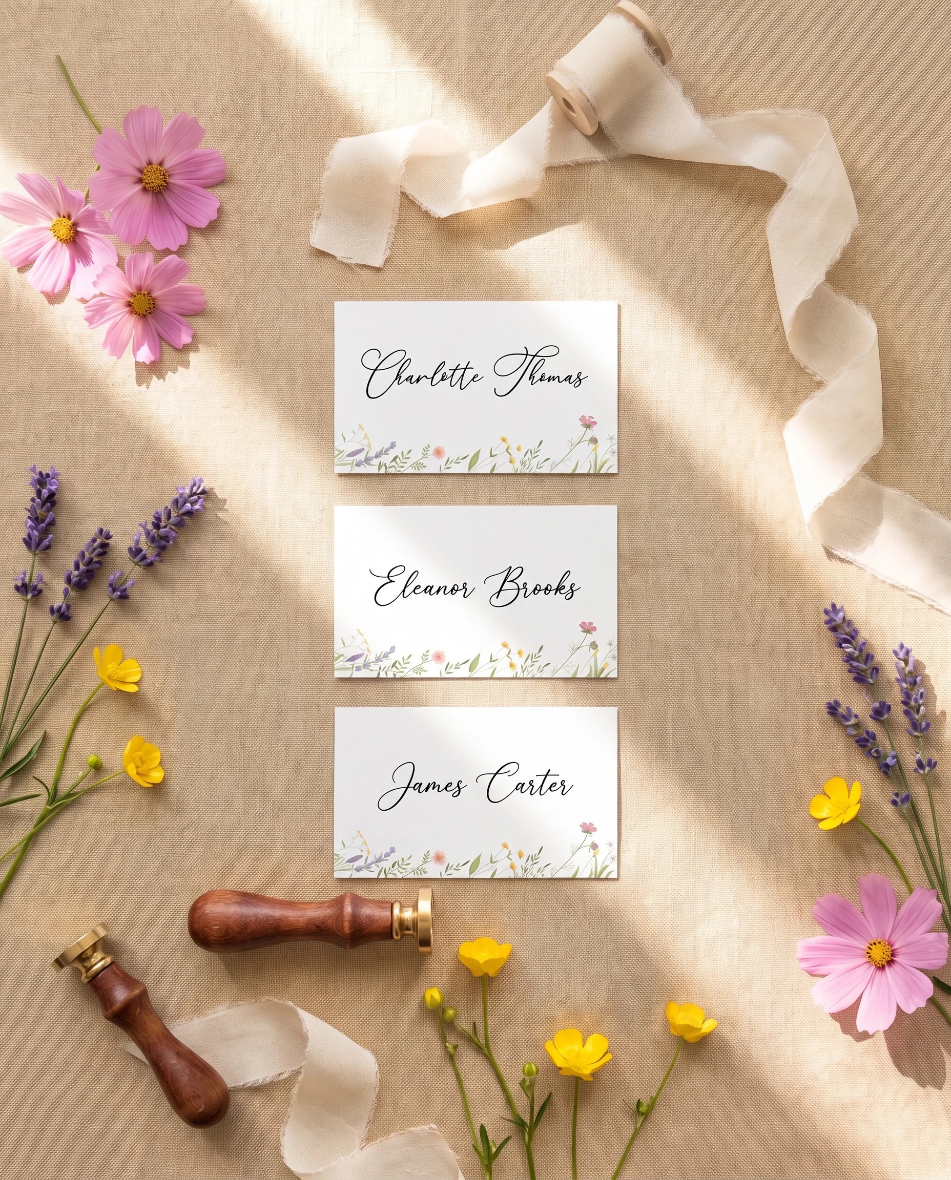 Floret Veil wedding place cards — flat lay of several cards under soft natural light on premium editorial paper, wedding place cards.