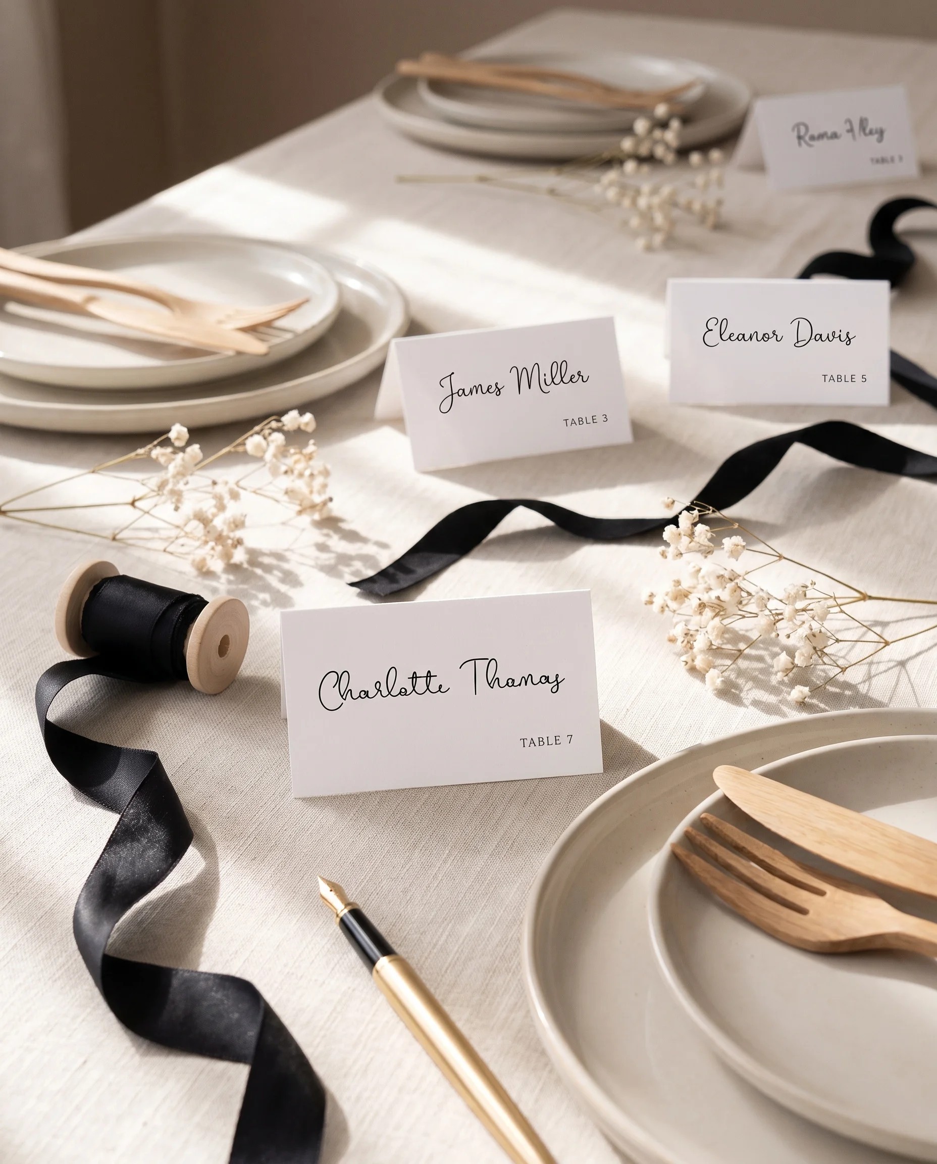 Sketchbook Bow wedding place cards — cards arranged on a dressed reception table under soft natural light, place card template.