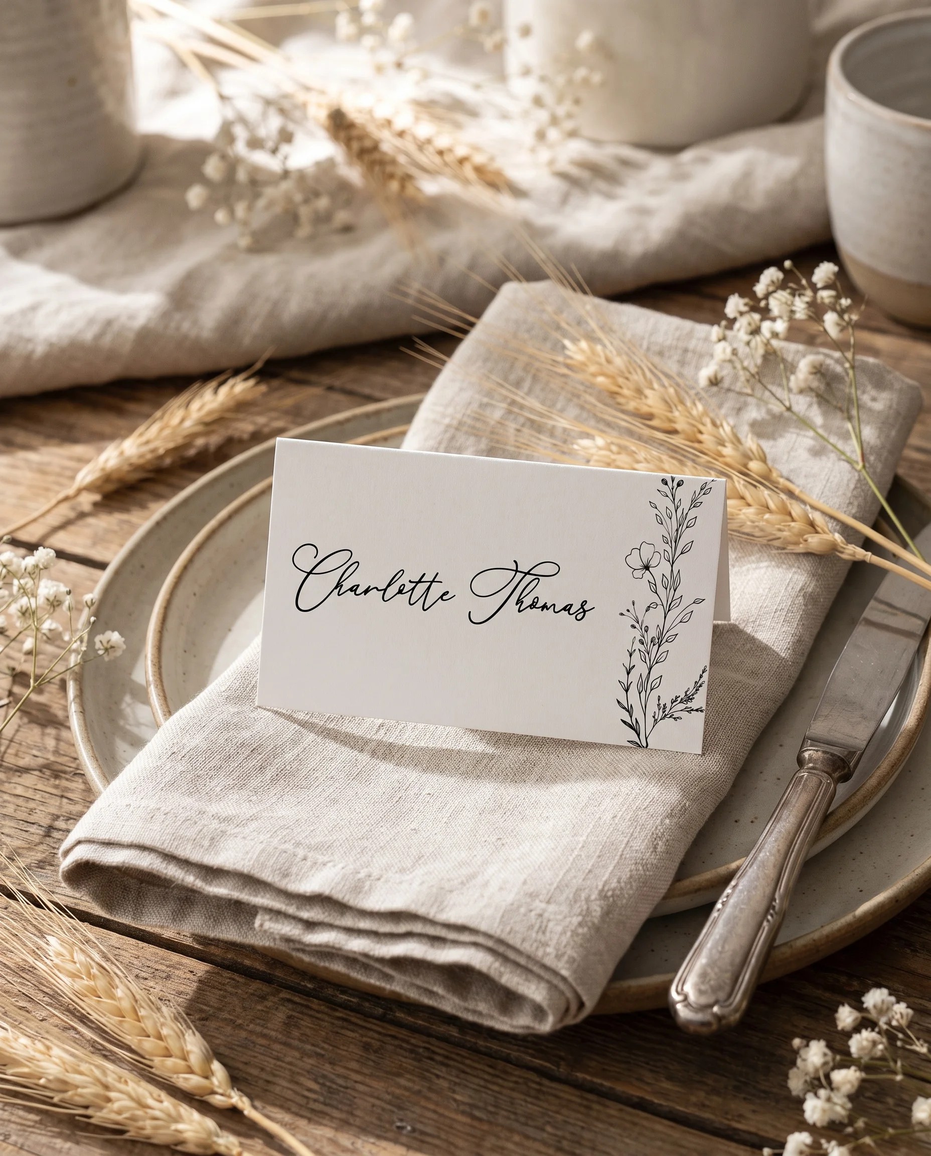 Meadow Sprig wedding place cards — a single card displayed at a set place setting under soft natural light, wedding name cards.