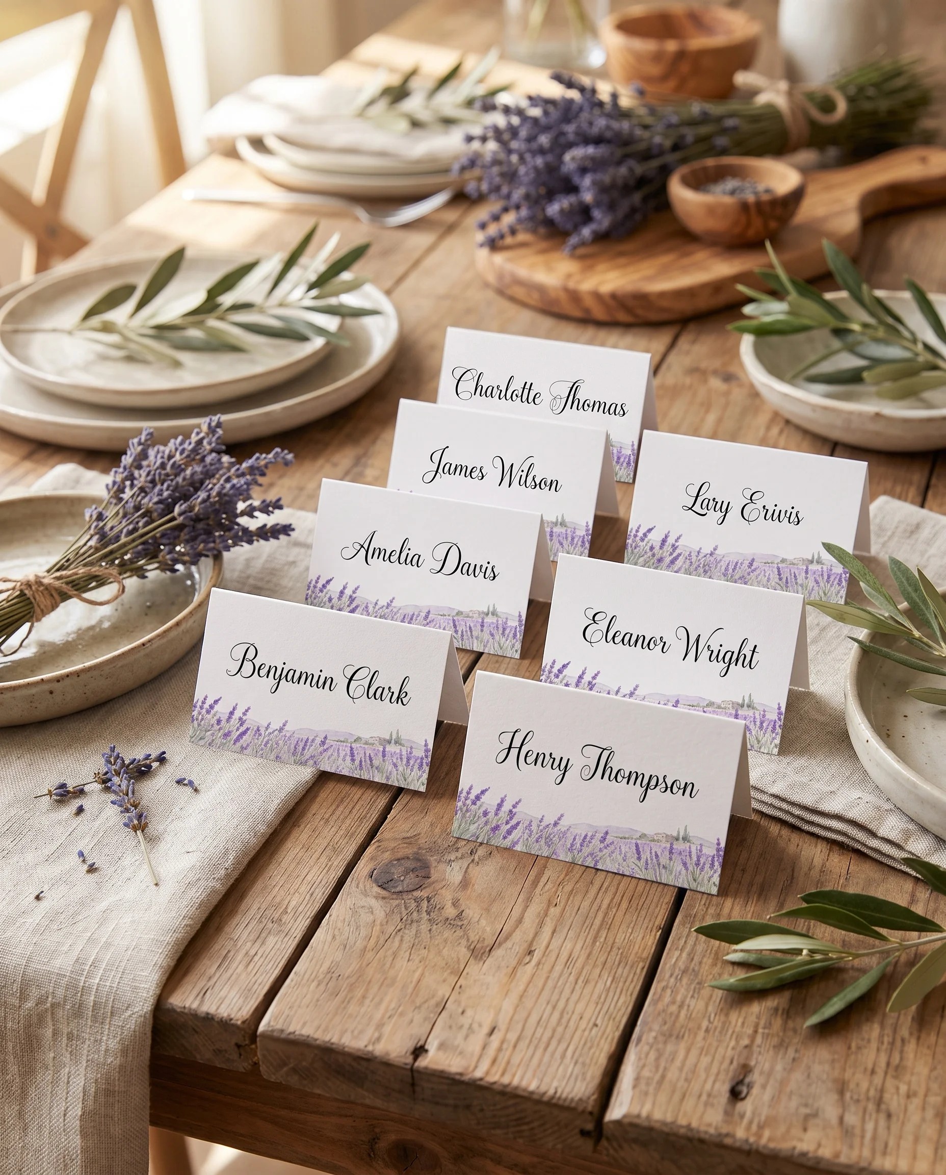 Provence Fields wedding place cards — several cards arranged on a dressed reception table under soft natural light, place card template.