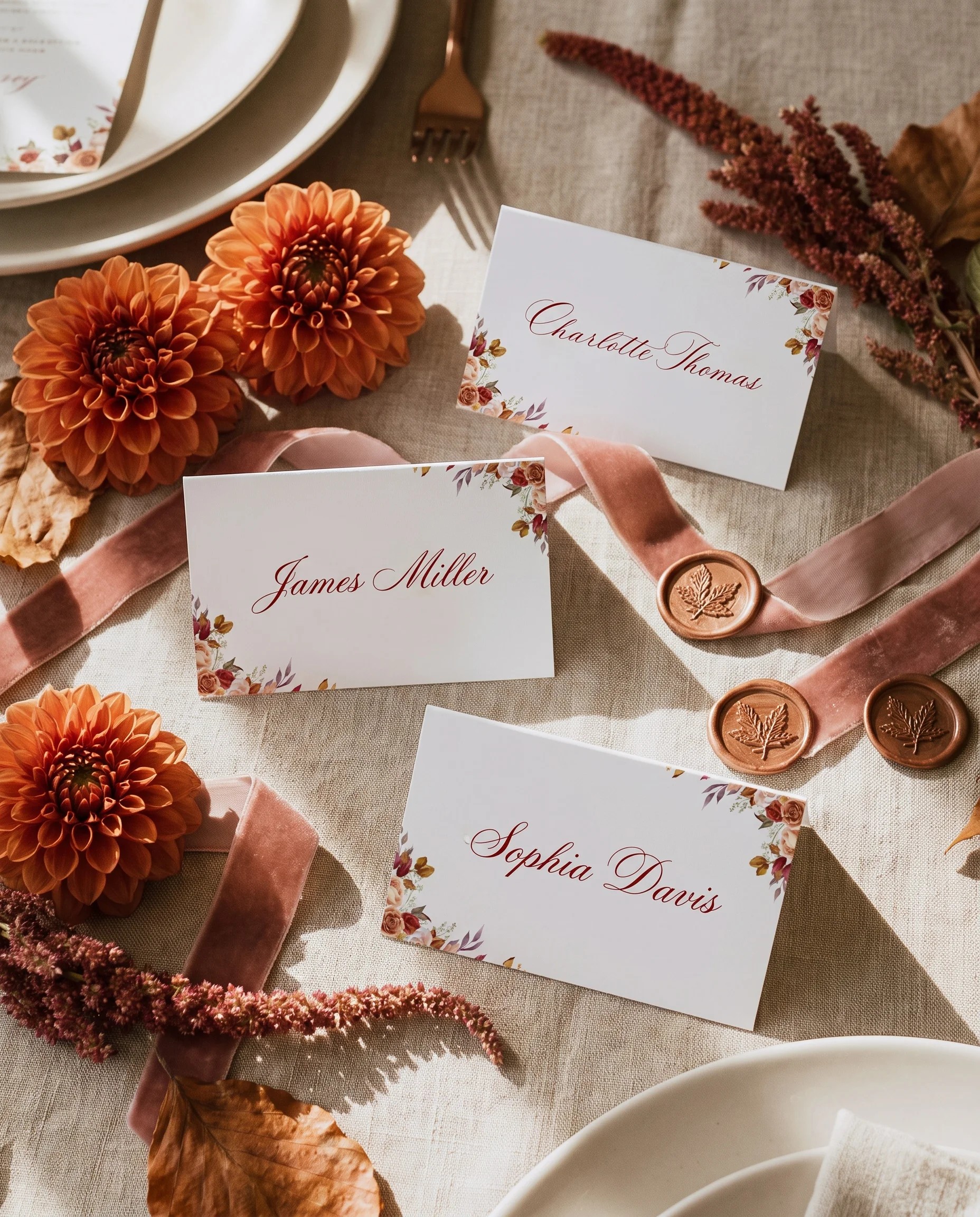 Autumn Blush wedding place cards — arranged on a dressed reception table under soft natural light, place card template.