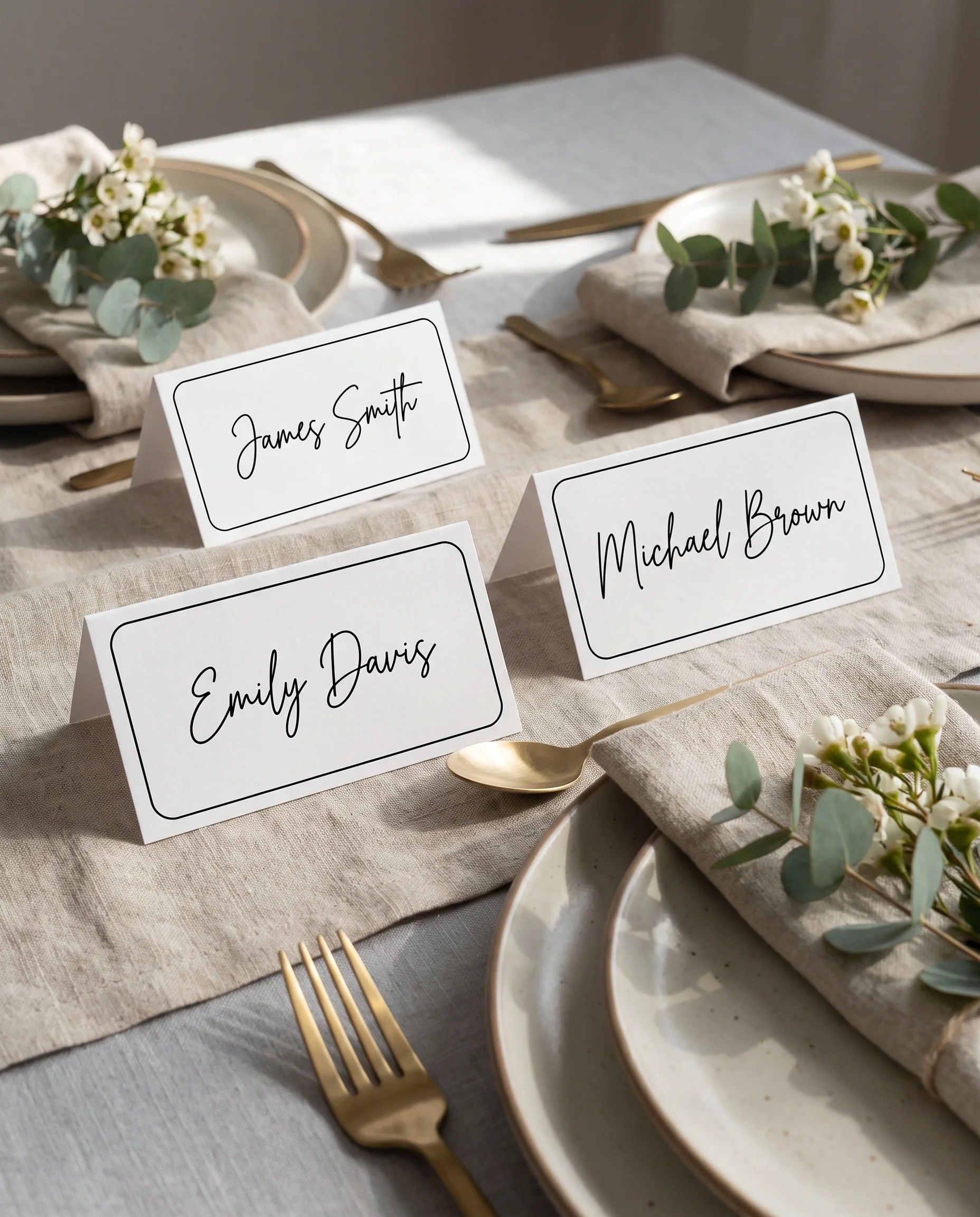 Contour wedding place cards — place cards arranged on a dressed reception table under soft natural light, place card template