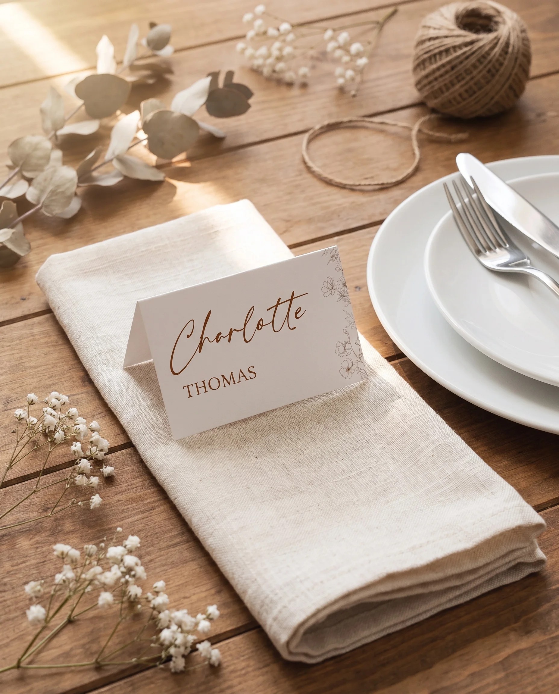 Arrow Bloom wedding place cards — single card displayed at a set place setting under soft overhead light, wedding name cards