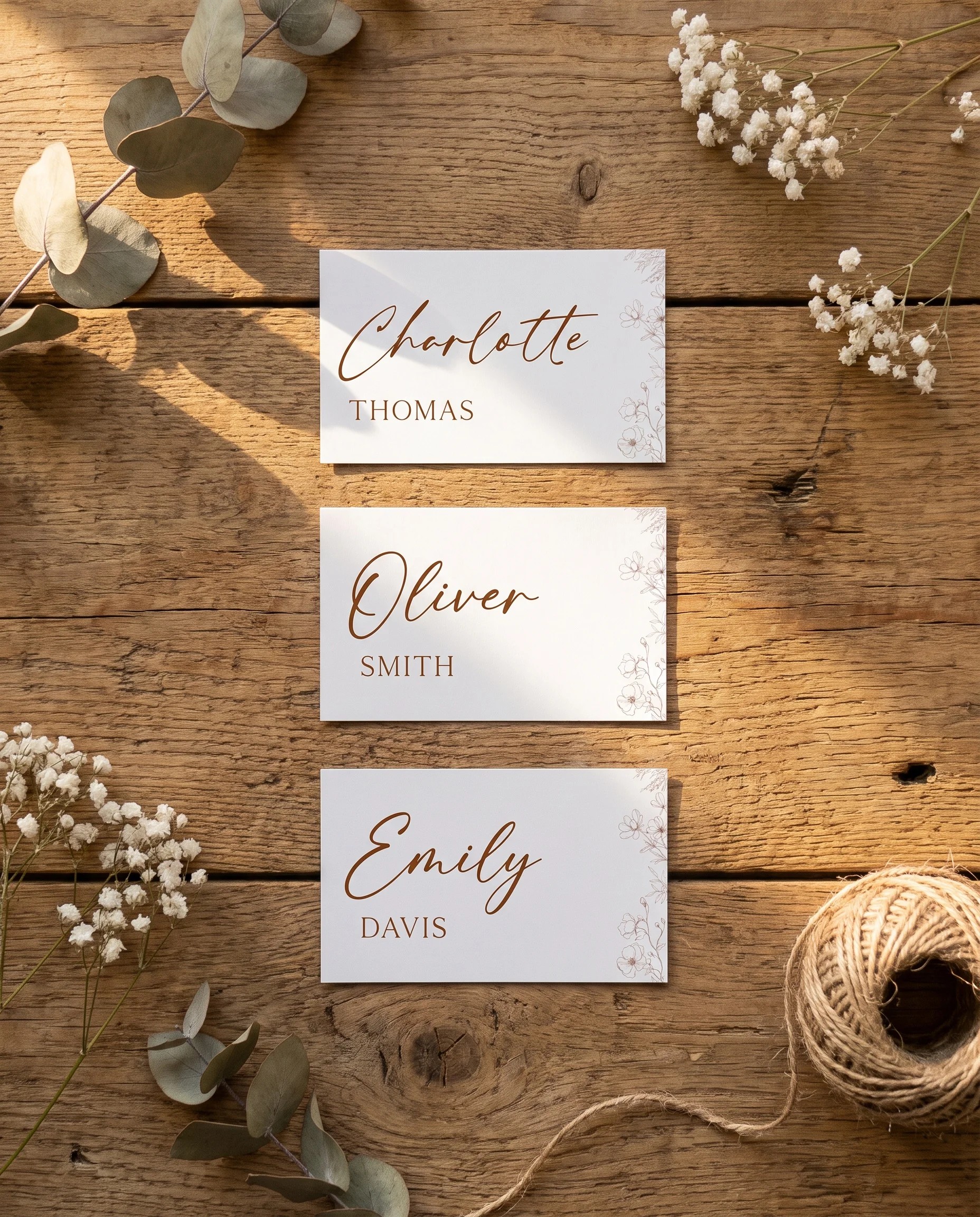 Arrow Bloom wedding place cards — several place cards shown flat in an overhead editorial flat lay, wedding place cards